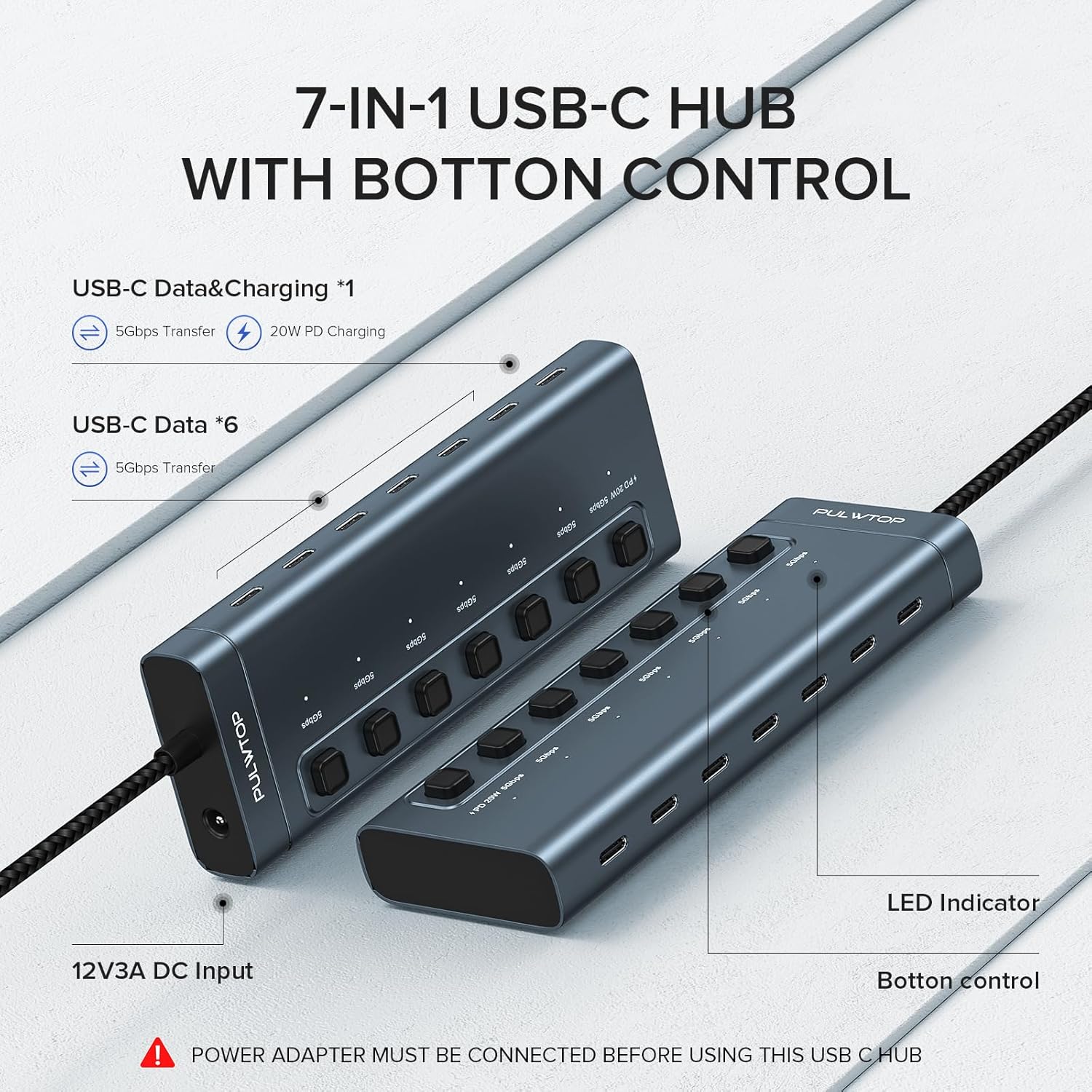 Hub USB C alimentado, 7 en 1 USB C 3.2 Gen1 HUB 36W con último puerto de carga de salida PD20W, divisor USB de aluminio e interruptores individuales