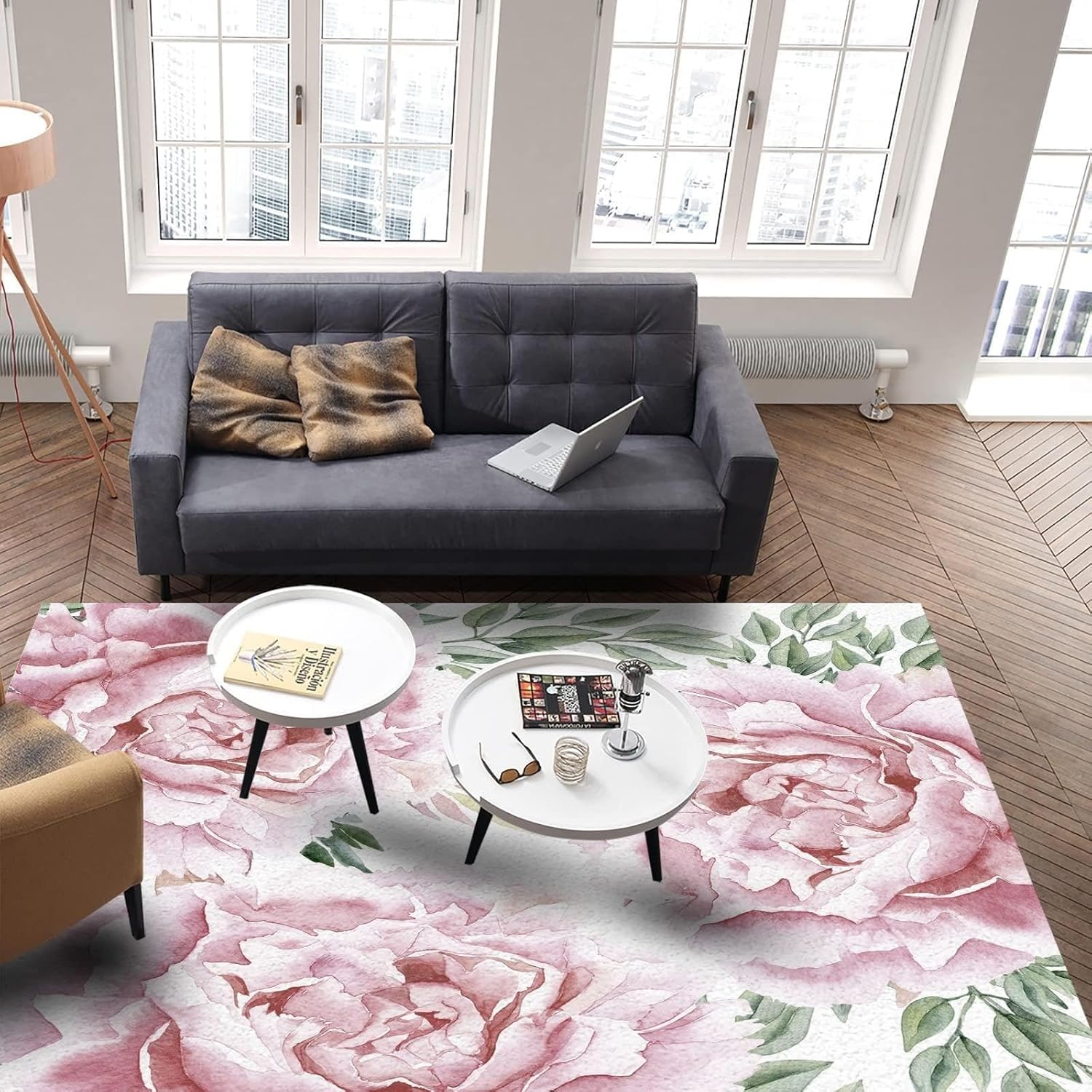 AONIGE Hermosa alfombra de dormitorio con flores de peonía rosa floreciente, moderna, minimalista y elegante, alfombra para sala de estar,