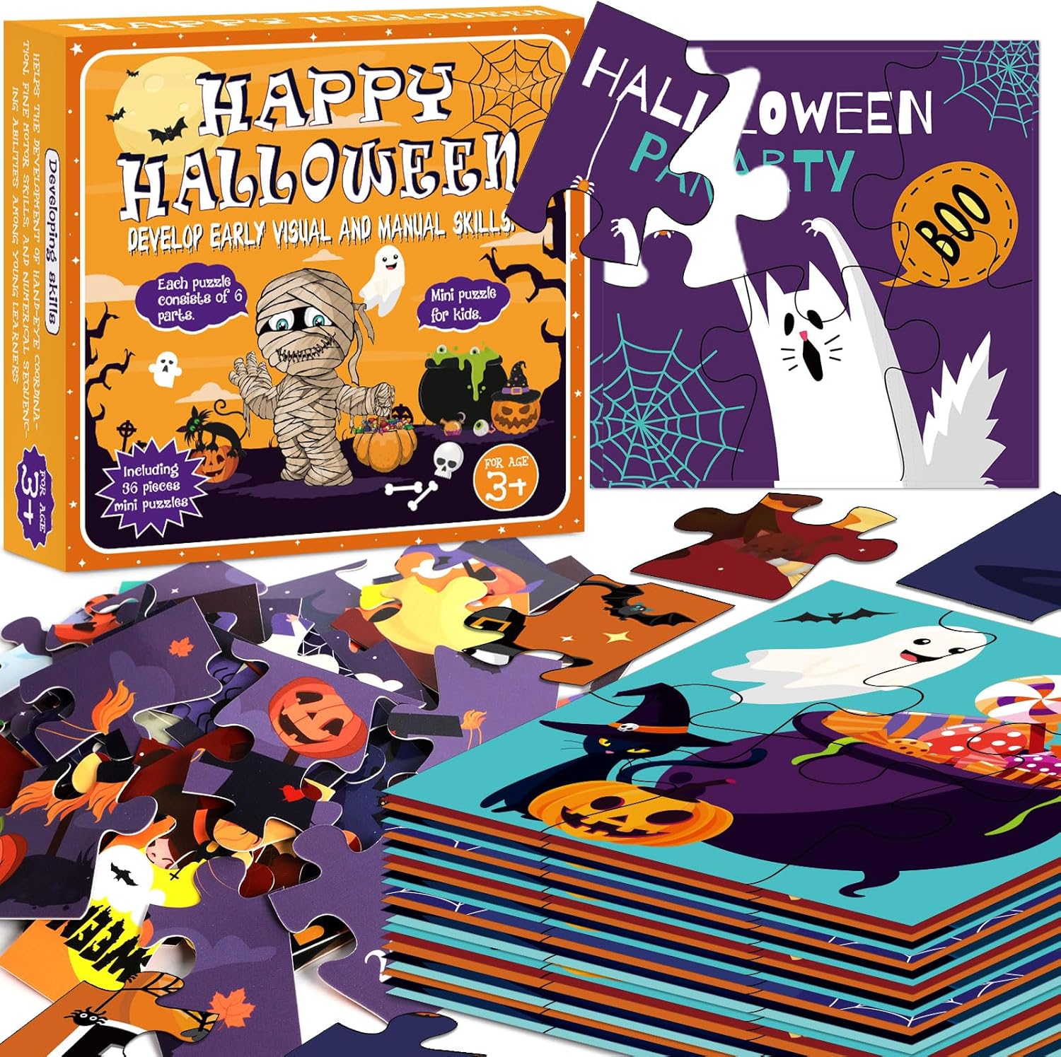 Juego de 36 piezas de rompecabezas de Halloween para niños, rompecabezas de papel de Halloween, miniaturas, regalos para la escuela, aula,
