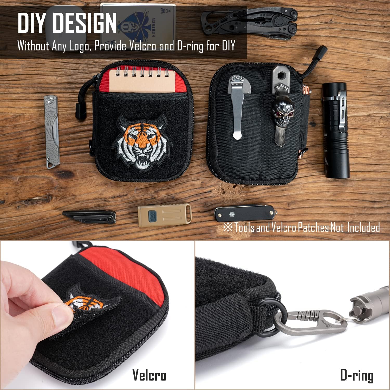 Bolsa EDC, organizador de bolsillo, bolsa poderosa para hombres, bolsas EDC con velcro, pequeña bolsa de herramientas con anillo en D, organizador