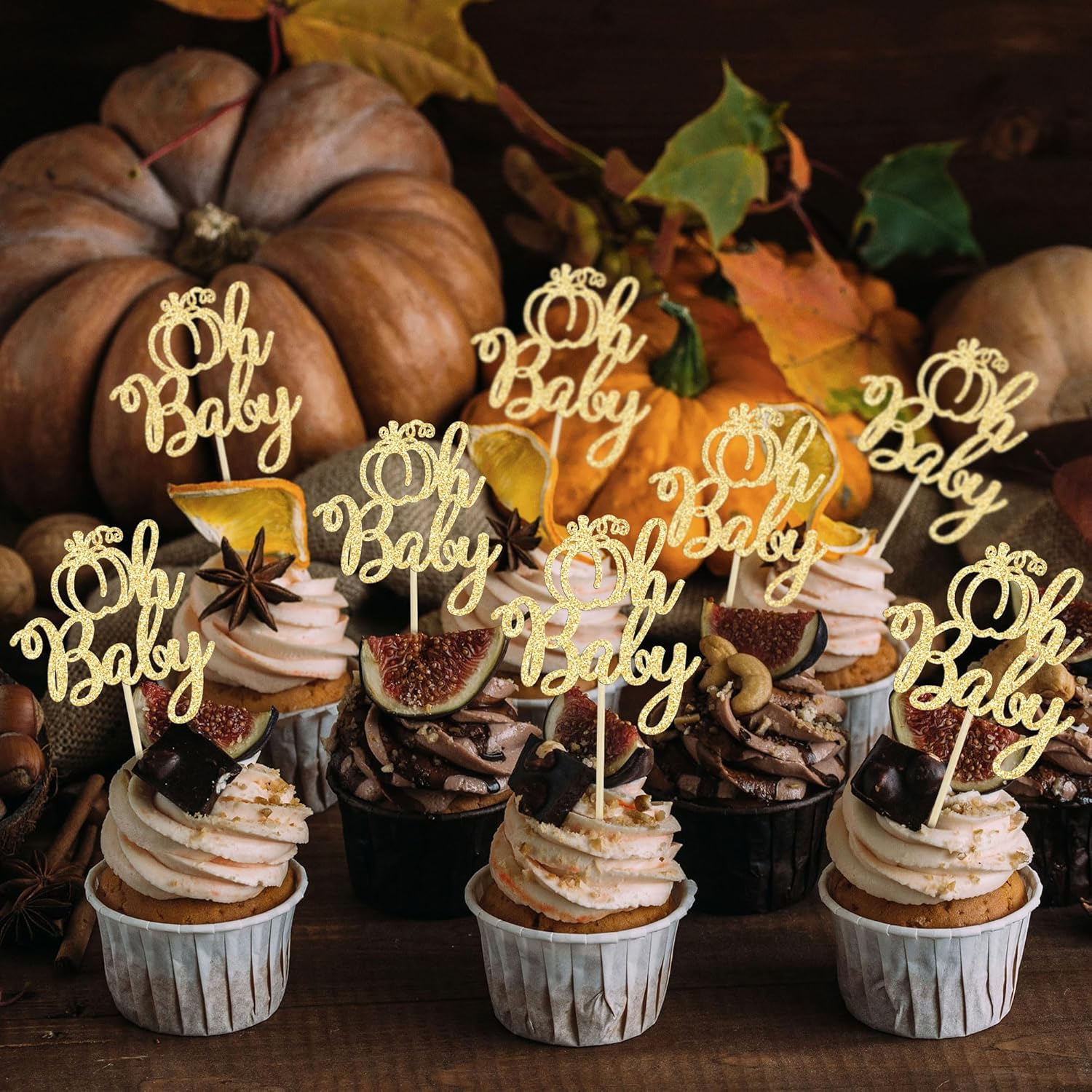 24 piezas de calabaza Oh Baby Cupcake Toppers con purpurina temática de otoño selecciones de cupcakes de calabaza para baby shower, decoración de