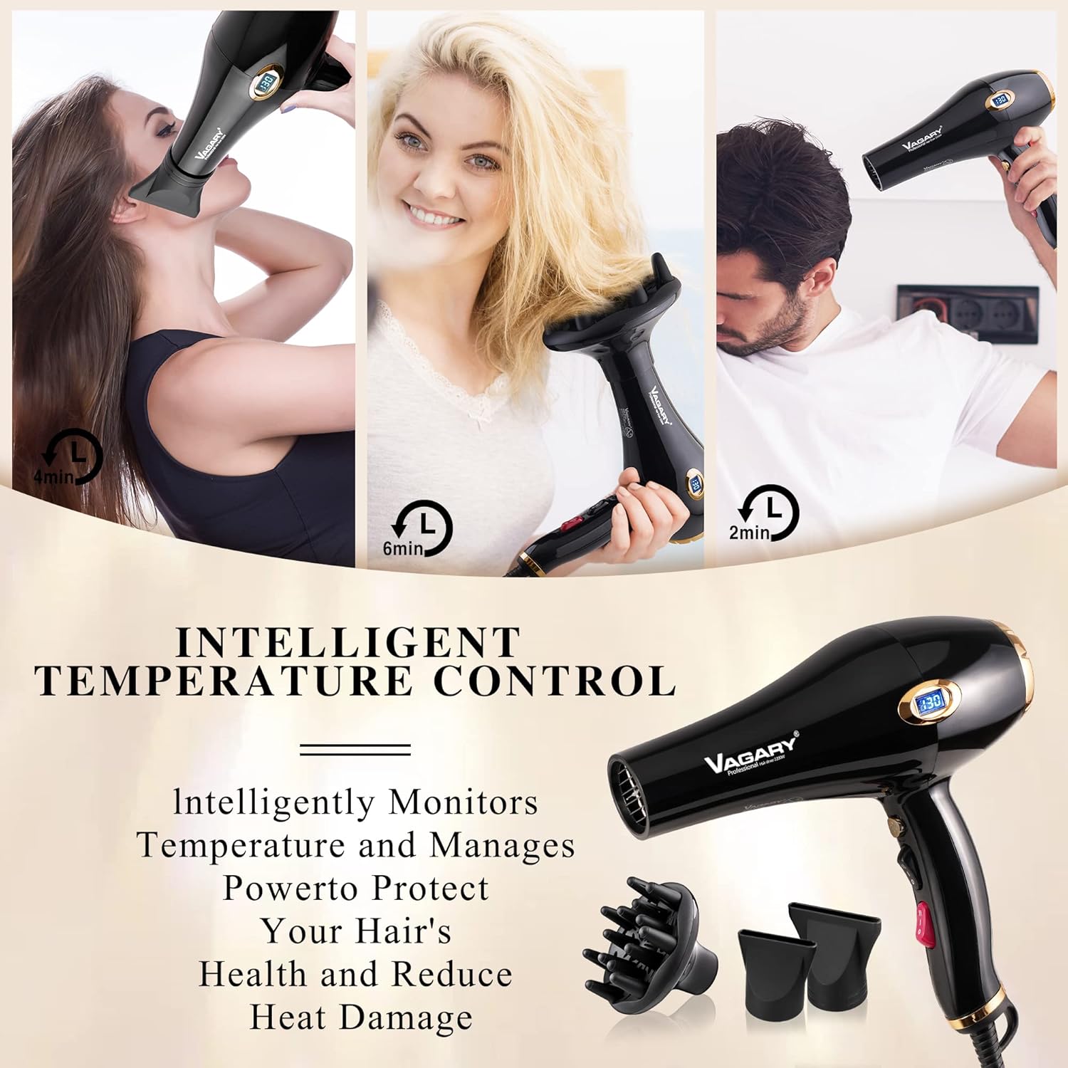 VAGARY 6685G Secador de pelo profesional de salón de 2200 W con pantalla Icd, secador de soplado iónico negativo, potente secadora de aire