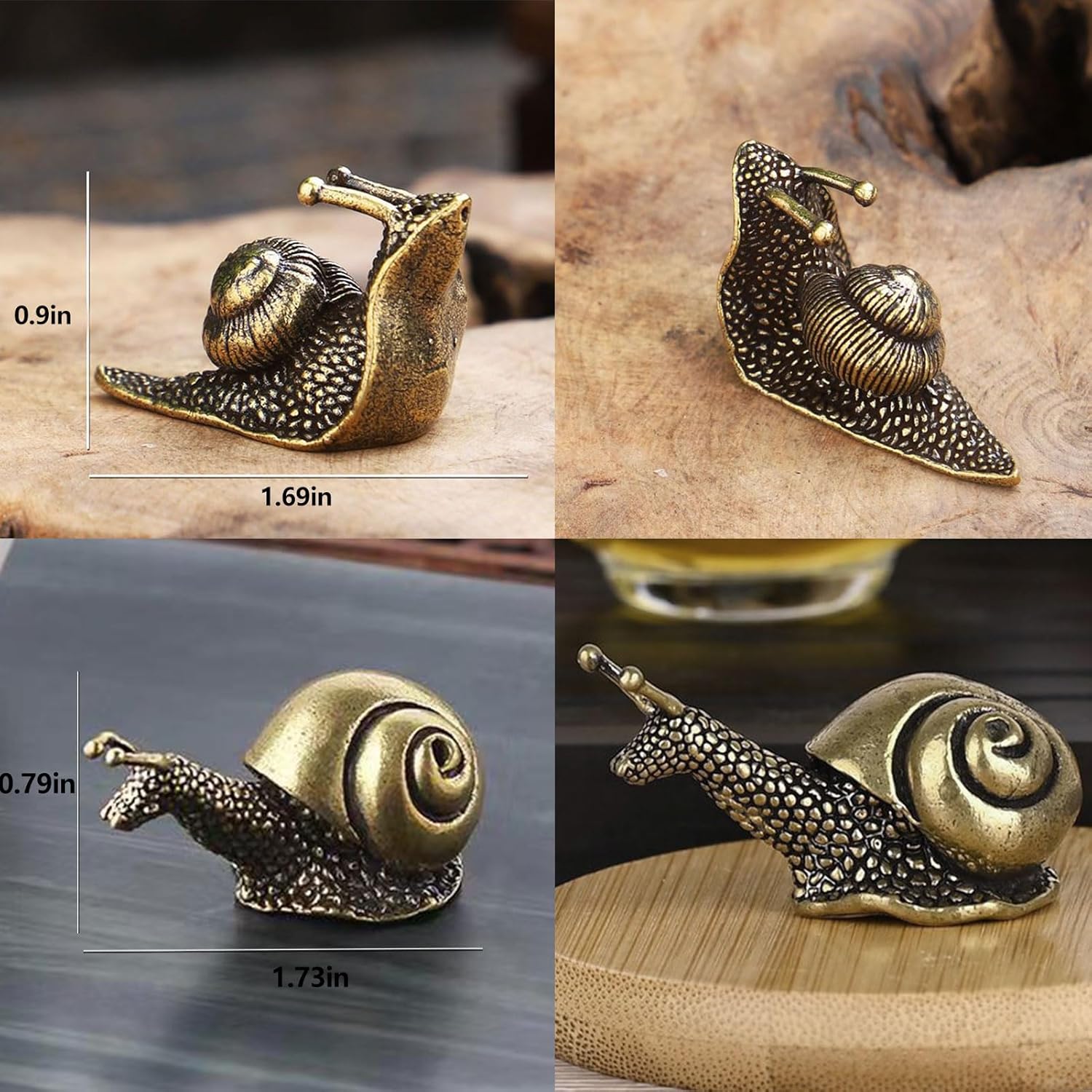 3 figuras de caracol de latón, mini escultura de caracol de cobre puro retro, decoración de estatua de caracol de cobre puro, estanque al aire