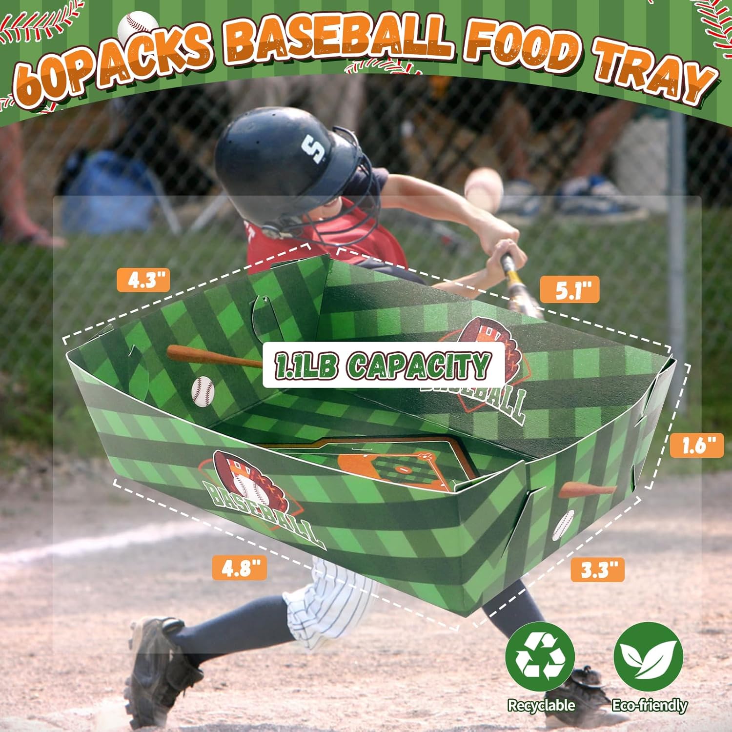 Paquete de 60 bandejas de comida de béisbol, decoraciones de fiesta de béisbol, bandeja de papel desechable para servir alimentos, botes nachos para