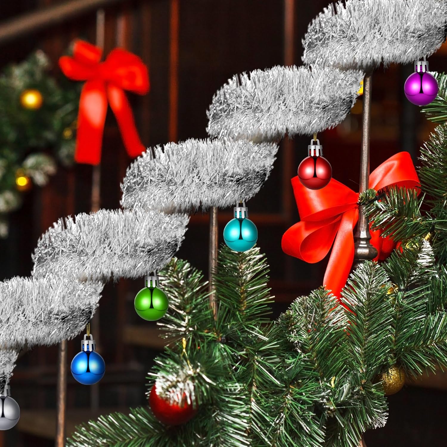 5 guirnaldas de oropel de Navidad de 33 pies, guirnalda metálica con espiral de árbol de bolas, serpentinas metálicas, bolas de Navidad, decoración