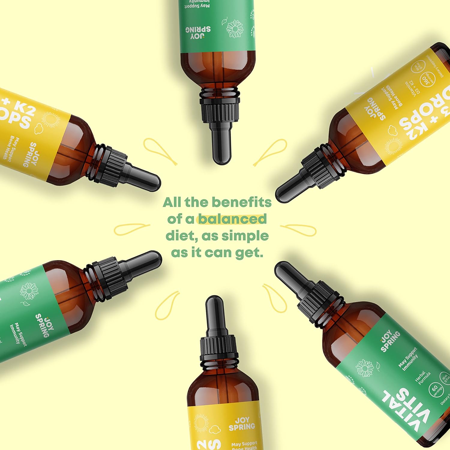 JoySpring Gotas de vitamina D para niños pequeños para apoyar el crecimiento y multivitamínico diario con raíz de bardana y saúco para niños