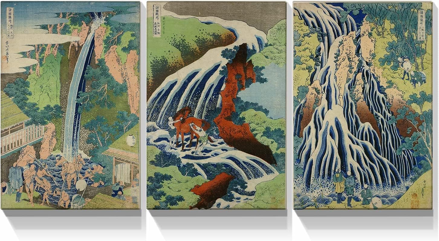 Dimpoli Lienzo de pintura japonesa para decoración de pared, 3 piezas, 24 x 36 pulgadas, Katsushika Hokusai, paisaje, montañas, figuras, cascadas,
