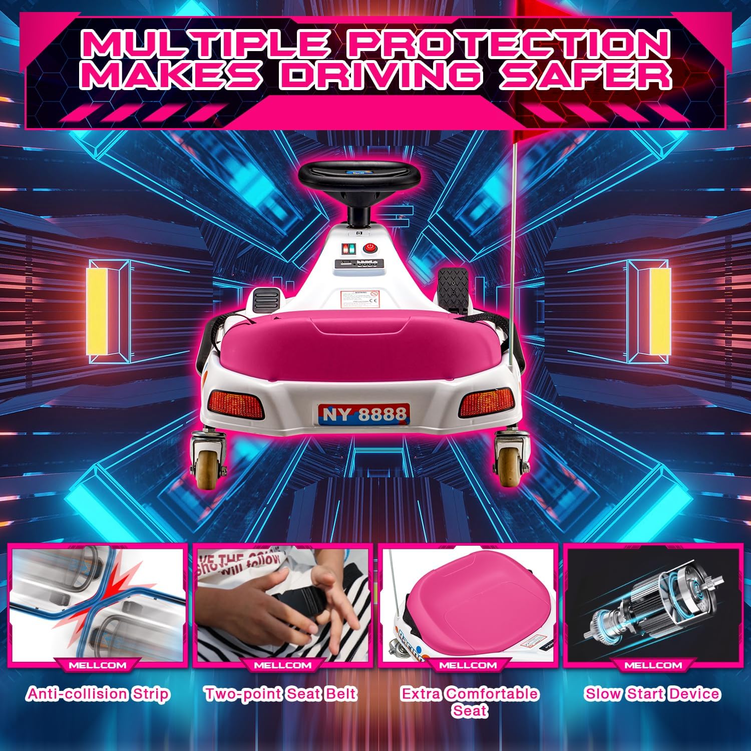MELLCOM Coche de deriva para niños, automóvil eléctrico para niños de 12 V con ruedas universales giratorias de 360, auto de juguete eléctrico para