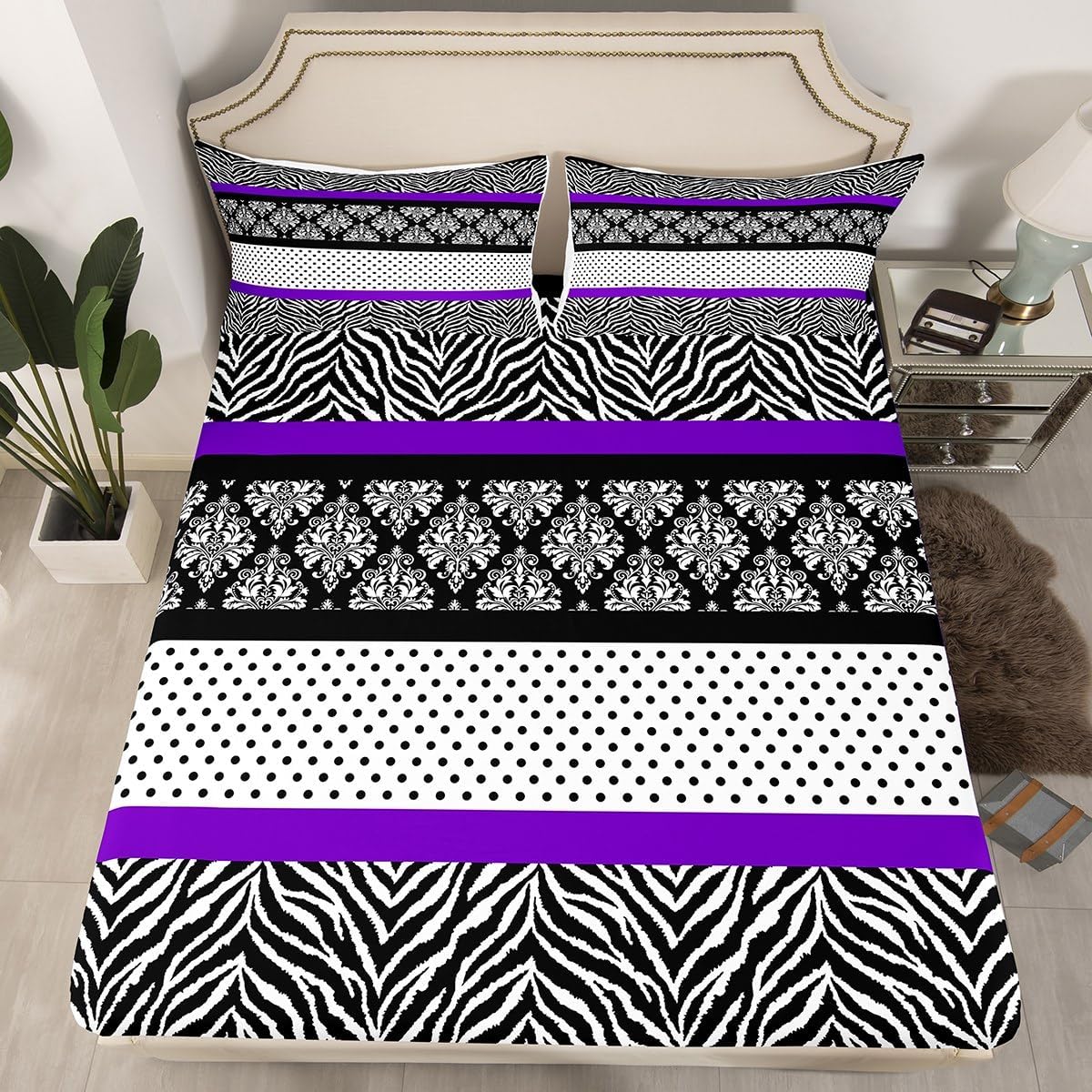 Juego de sábanas con estampado abstracto de cebra, tamaño King, para niños, adolescentes, diseño de retazos de flores, rayas, negro, blanco, morado,