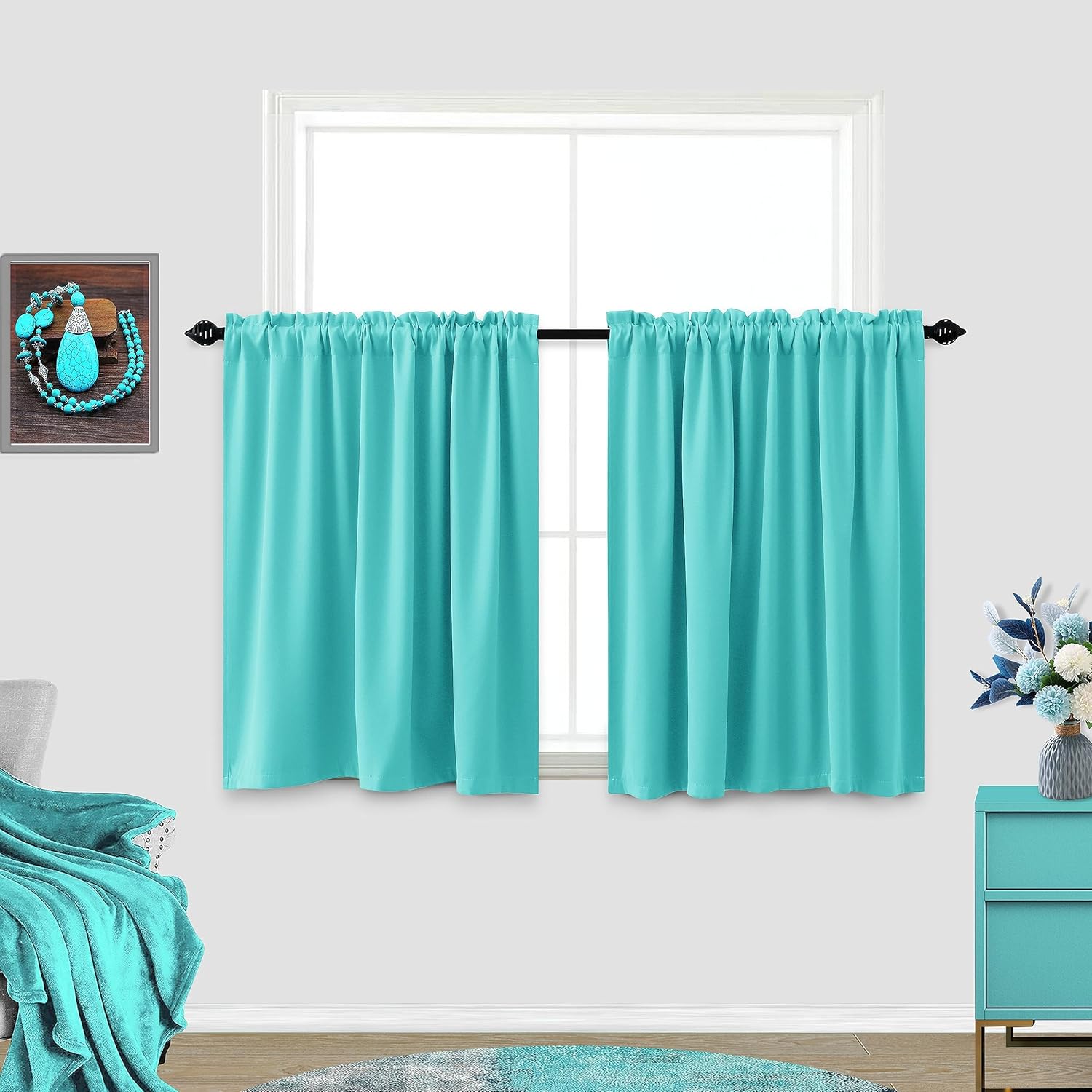 Cortinas cortas color turquesa de 30 pulgadas de largo para ventana de baño, cocina, juego de 2 paneles opacos para oscurecer la habitación,