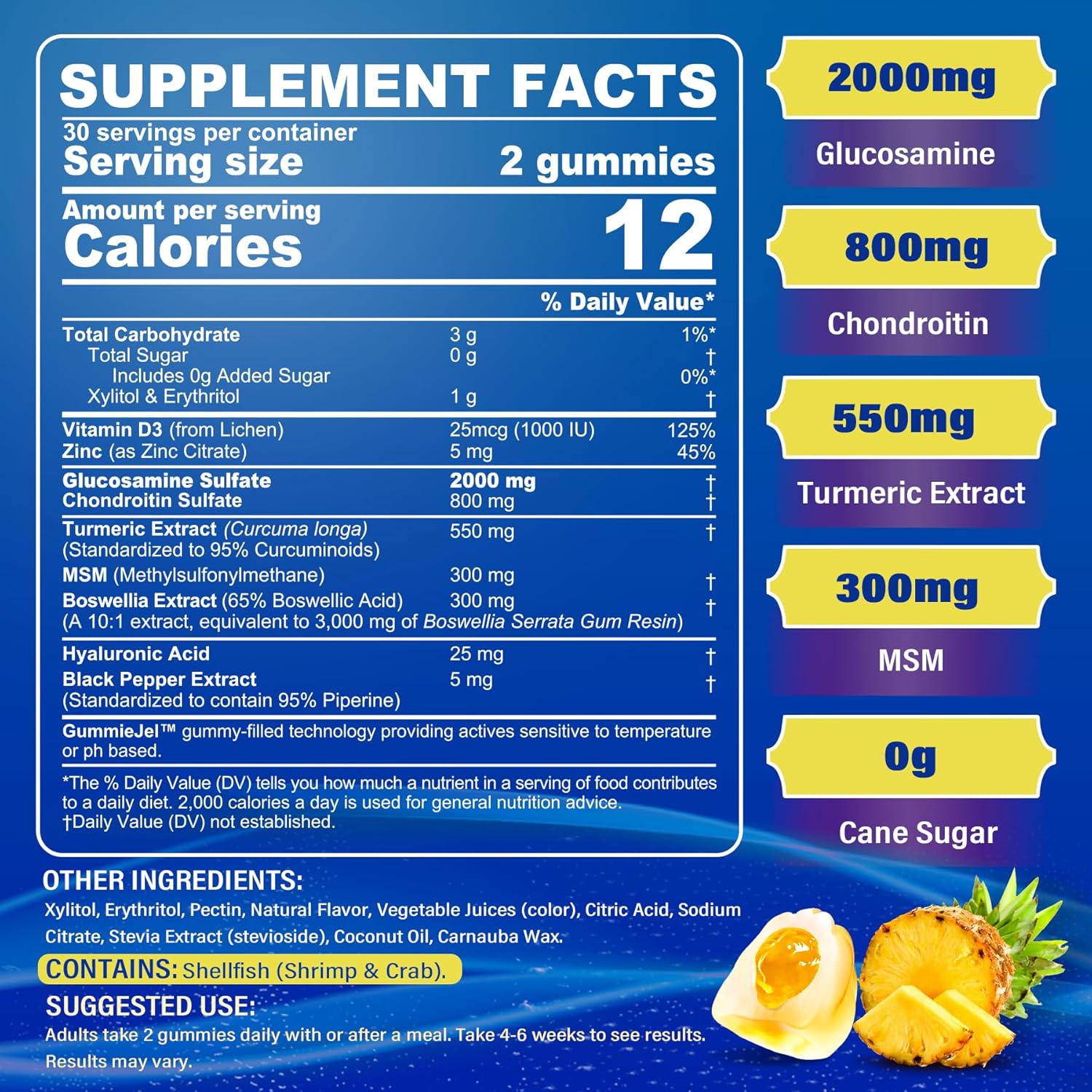 Gomitas rellenas de glucosamina condroitina MSM sin azúcar, 3100 mg – Suplemento de apoyo articular – Más cúrcuma, boswellia, ácido hialurónico y
