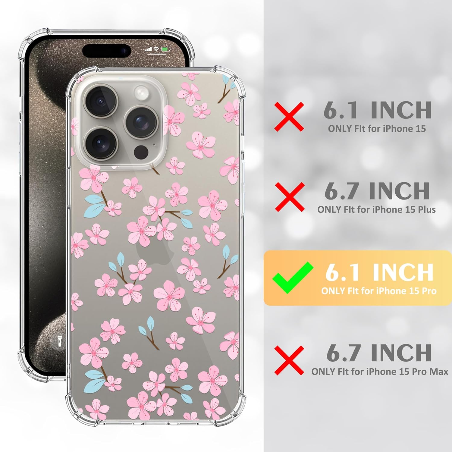 MSEAANBK Funda transparente de flor de cerezo diseñada para iPhone 15 Pro, funda transparente de flor de Sakura para iPhone 15 Pro para mujeres y