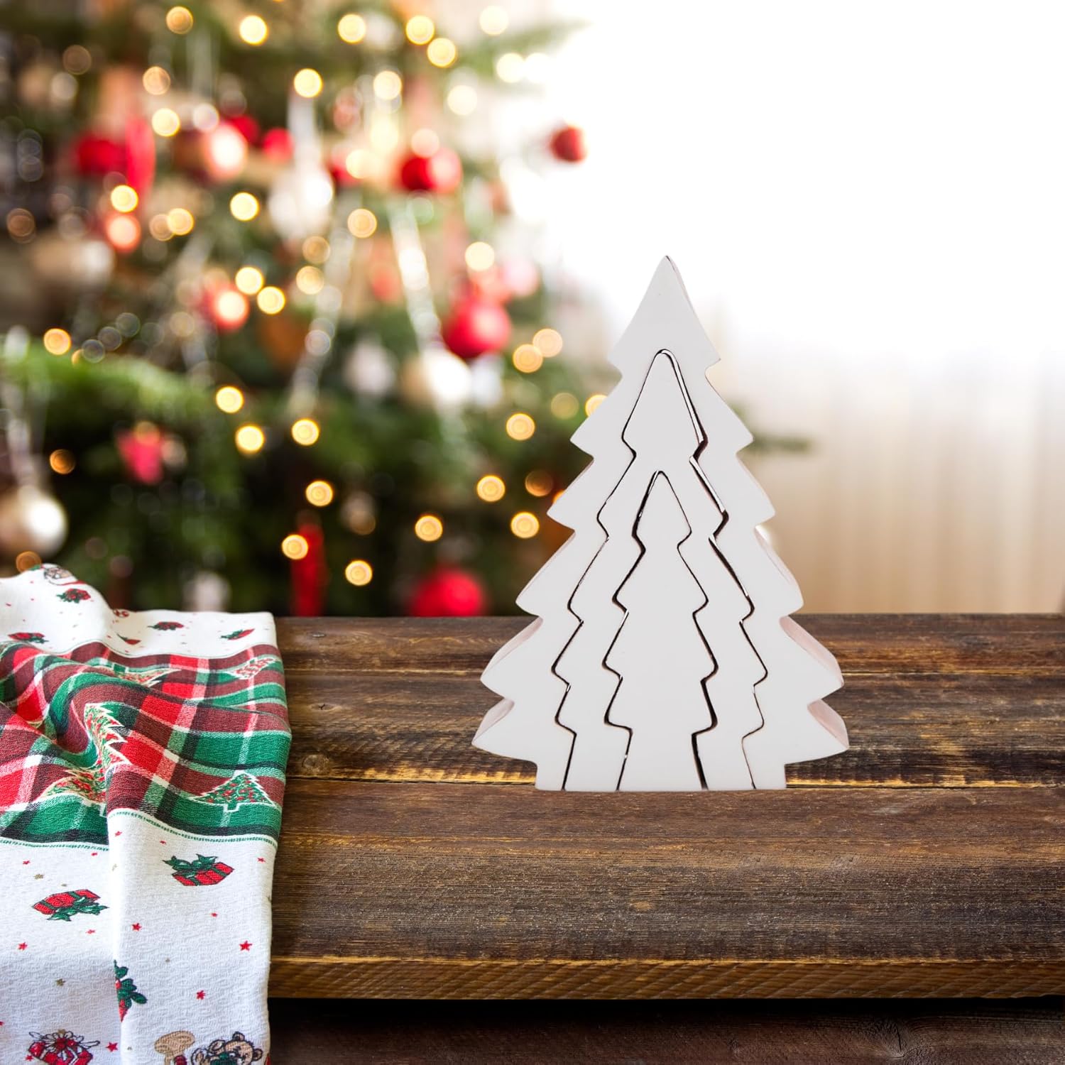 Árbol de madera 3D de 3 piezas con esmalte blanco, decoración navideña independiente, decoración navideña, 8 pulgadas