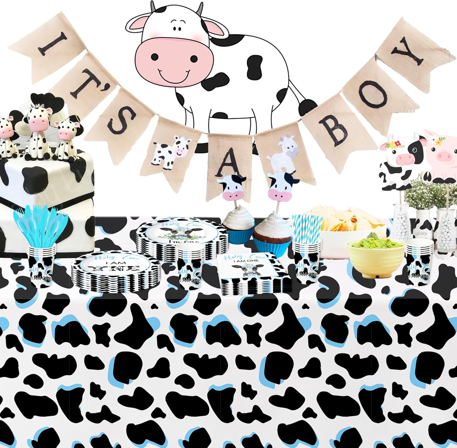 Holy Cow – Decoraciones de cumpleaños con texto en inglés “I’m One”, suministros para fiesta de primer cumpleaños con estampado de vaca, platos,