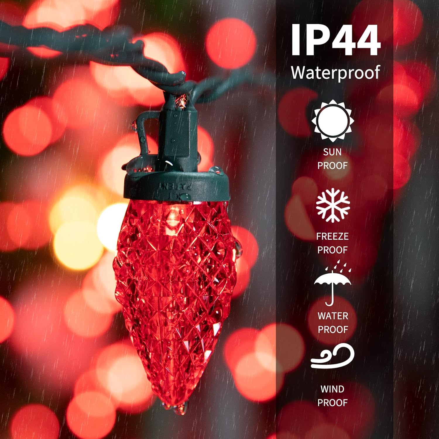 Brightown C9 – Tira de luces LED de Navidad, 33 pies, 50 luces LED impermeables de fresa, cadena de luces de alambre verde extensible para