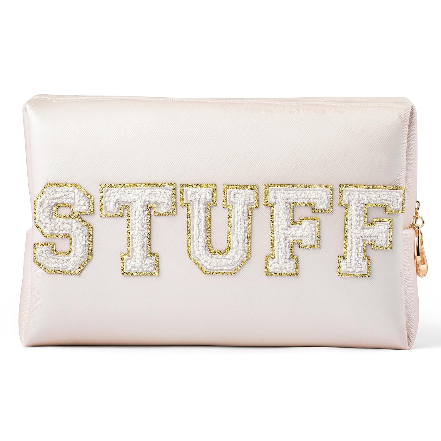 Y1tvei Preppy Patch STUFF – Bolsa de cosméticos de felpilla blanca extra grande, de piel sintética, impermeable, portátil, con letras