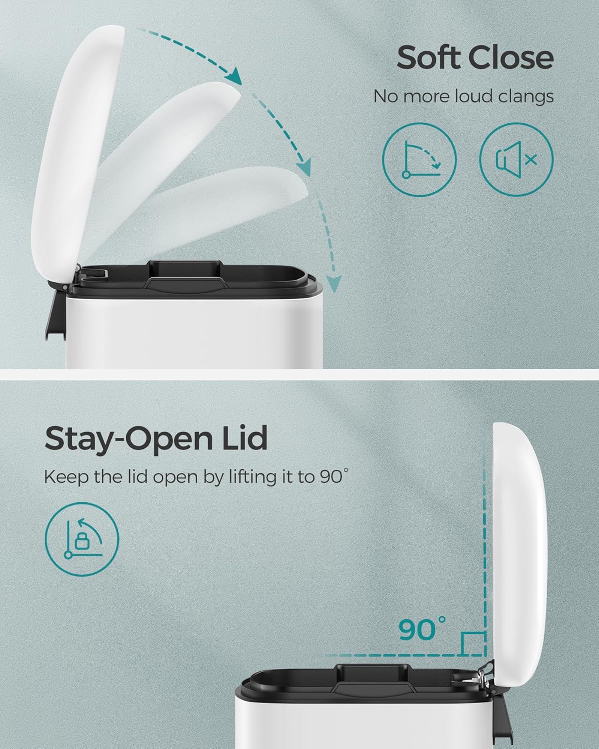 SONGMICS Bote de basura de 8 galones (30L) con tapa y cubo interior, cubo de basura de acero inoxidable, cierre suave, blanco ULTB01W30