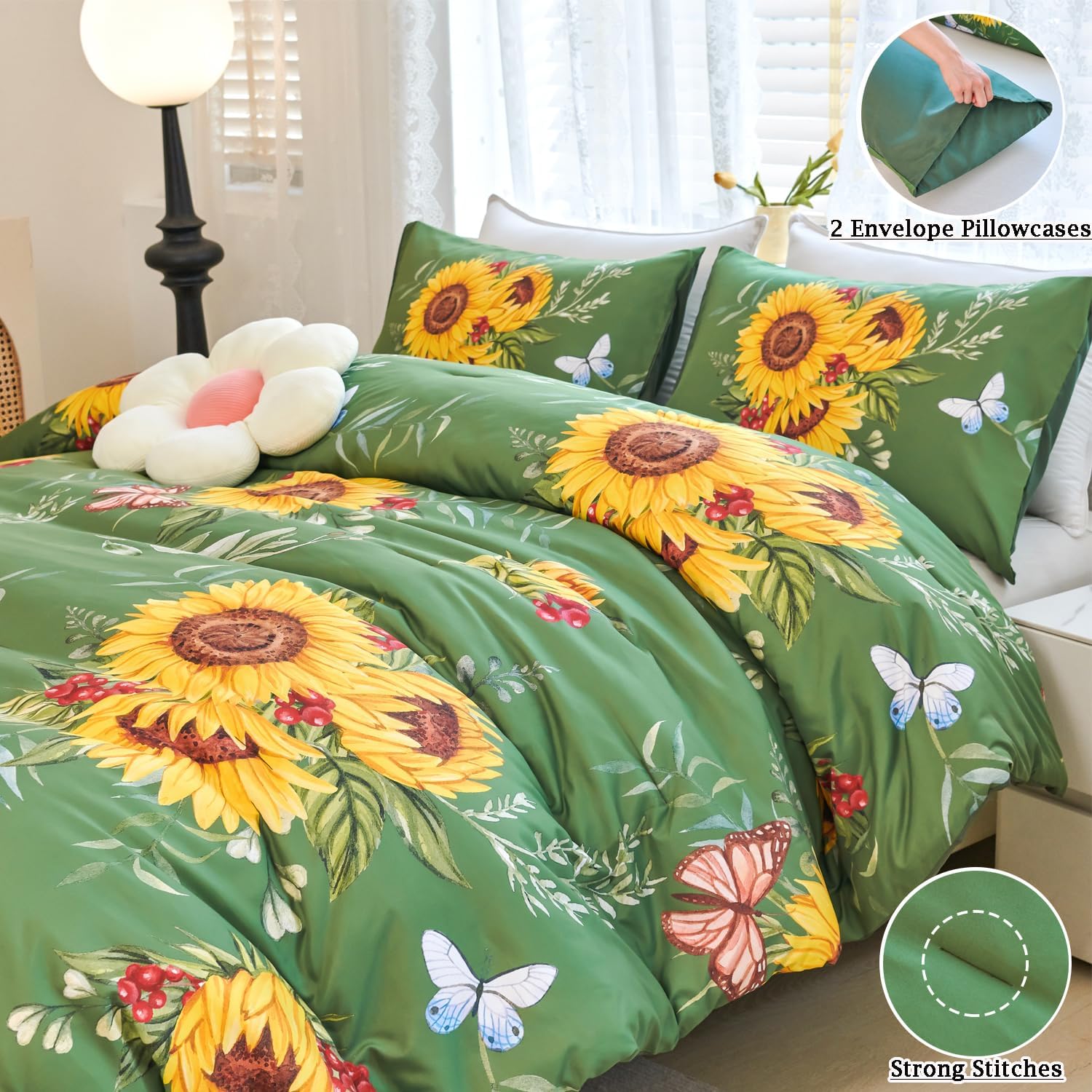 Juego de edredón verde de girasol, juego de ropa de cama de 3 piezas con flores amarillas con plumón alternativo de mariposa, juego de edredón