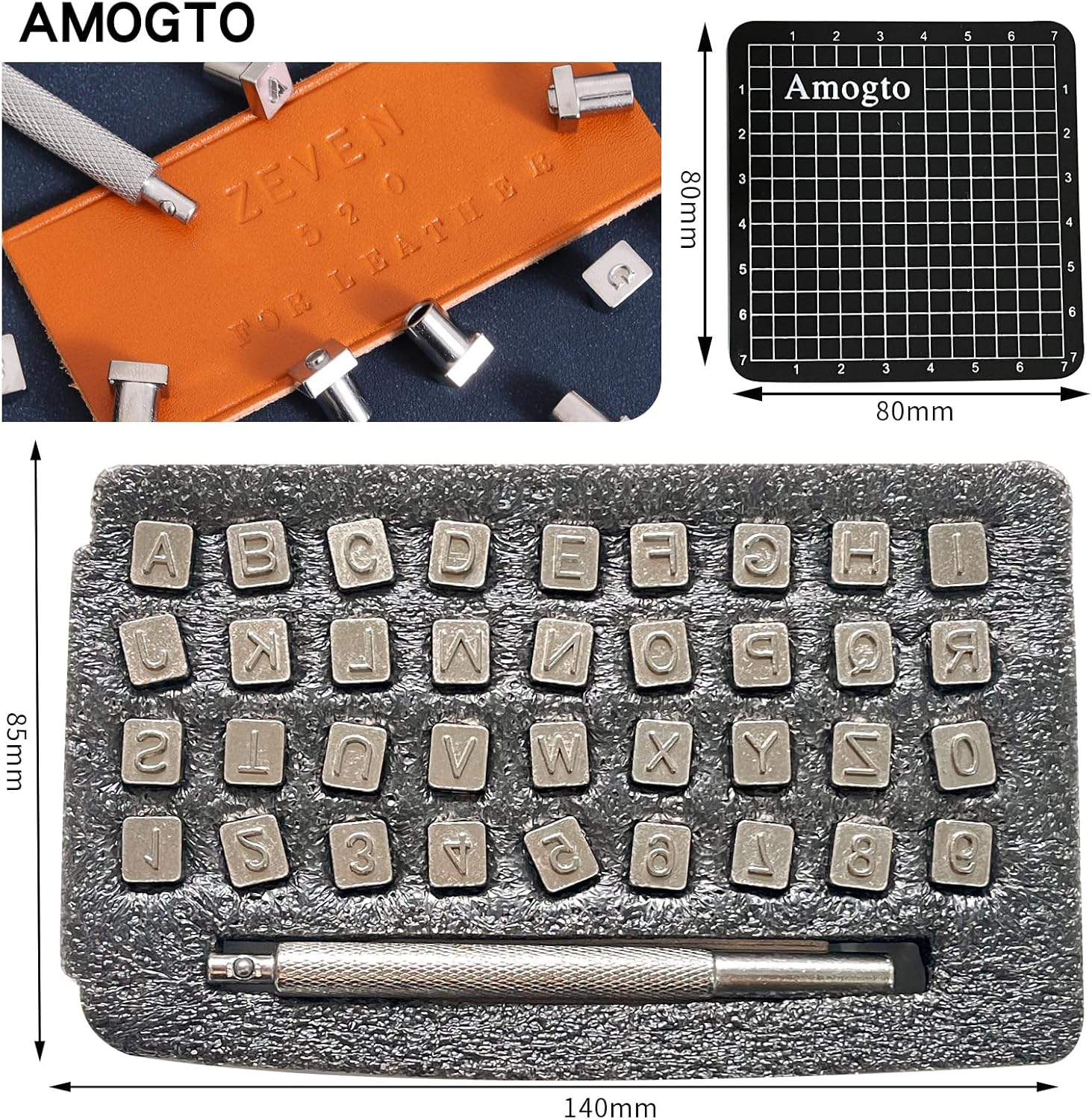 Amogto Herramientas de estampado de cuero, kit de estampado de cuero del alfabeto, 38 herramientas de artesanía de cuero, 26 letras mayúsculas y 10