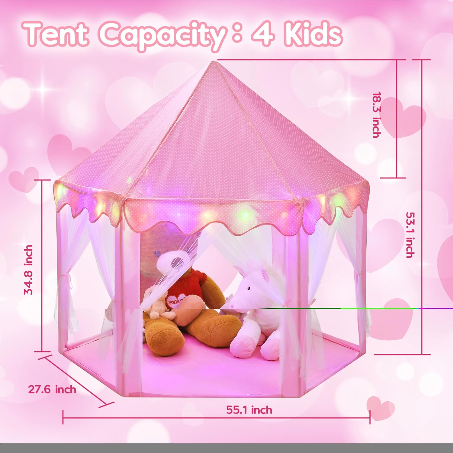 BELLOCHIDDO Tienda de campaña de princesa para niñas, tienda de campaña rosa con luces LED de estrella, castillo de princesa, casa de juegos para