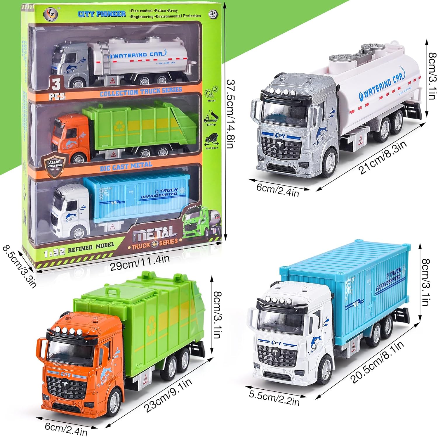 Tacobear Paquete de 3 camiones fundidos a presión, vehículos de transporte para niños y niños, camión de basura, camión rociador, camión