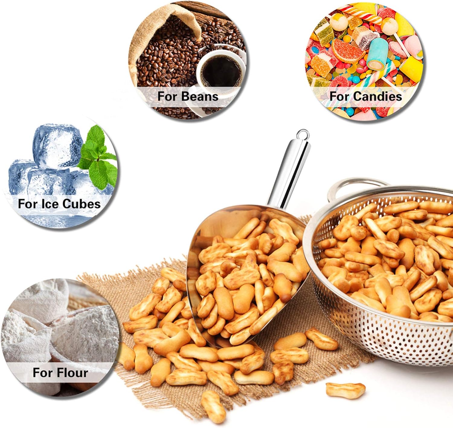 P&P CHEF Cuchara de hielo de 12 onzas, cuchara grande de acero inoxidable para cereales de caramelo, harina de arroz, palomitas de maíz, acabado de