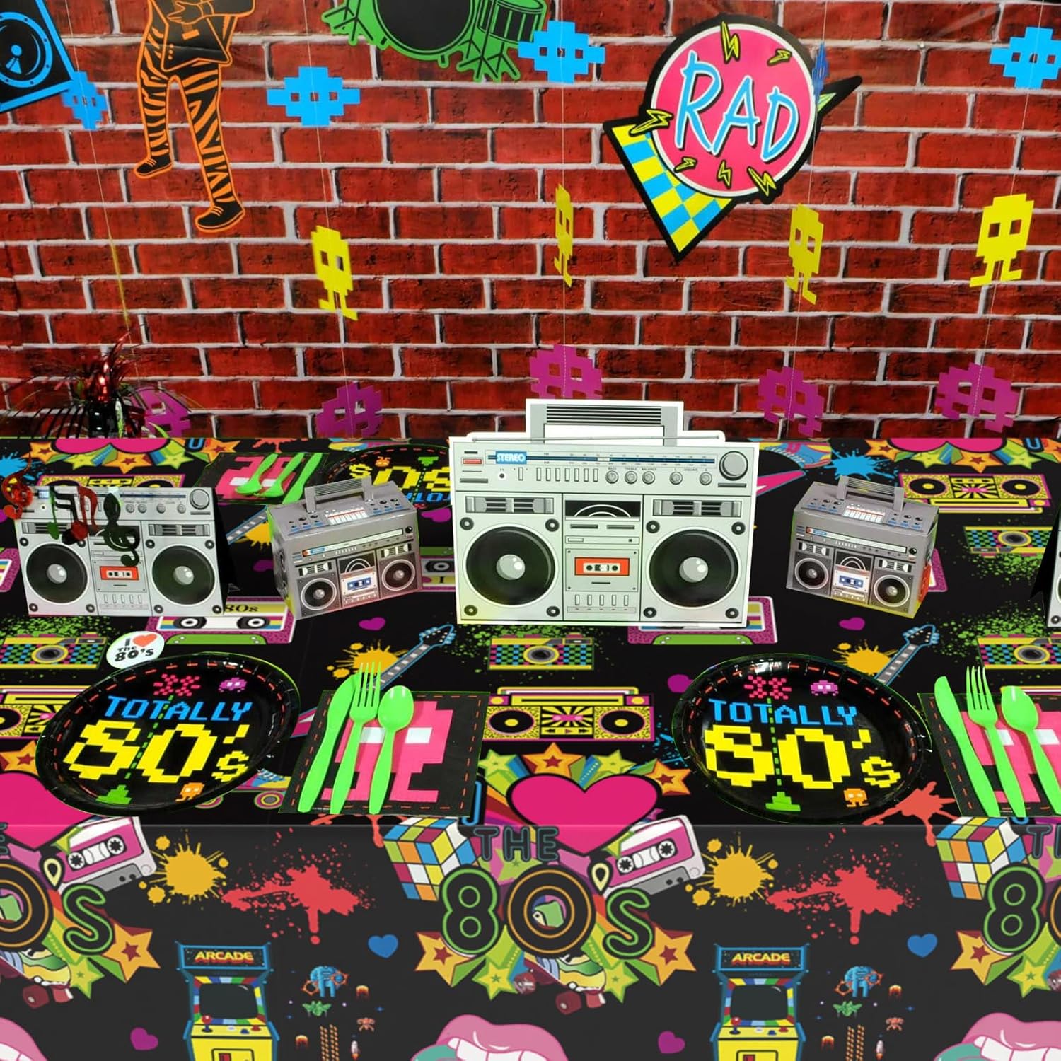 FunHot Manteles de los años 80, decoraciones de fiesta de los años 80, 2 piezas de 54 x 108 pulgadas, impermeables, rectangulares, color negro, para