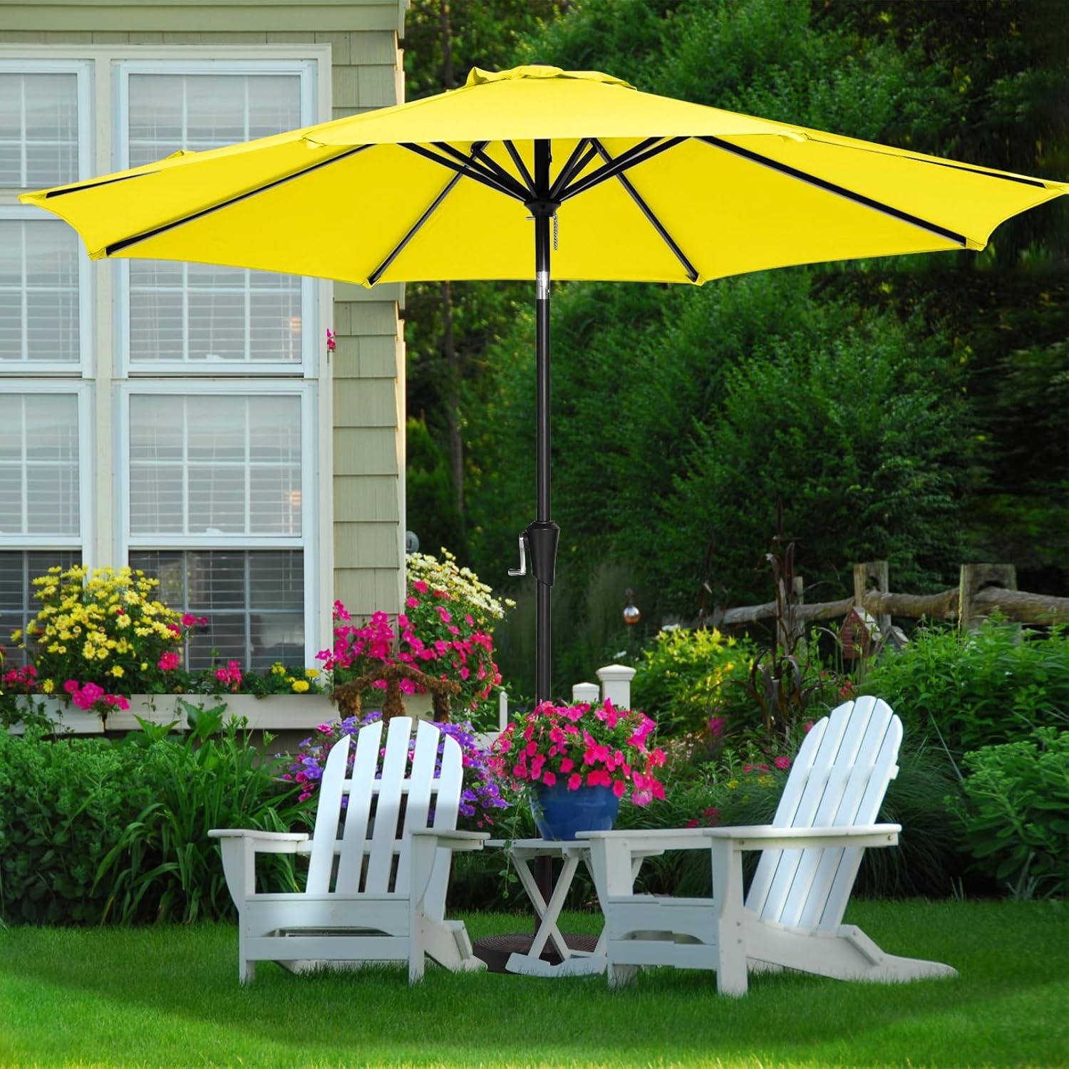 MEWAY Sombrilla grande de 10 pies para patio y mesa al aire libre con botón de inclinación y sistema de elevación de manivela, sombrilla de mercado,