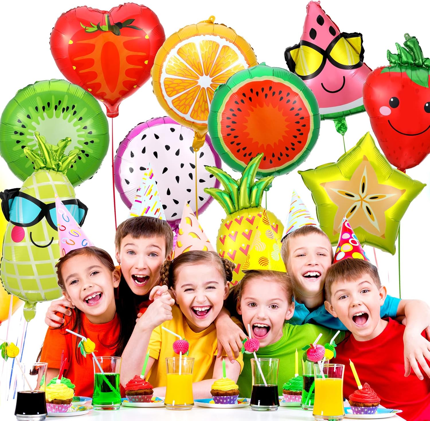 28 globos de frutas de verano para decoraciones de fiesta de frutas Tutti, globos de aluminio de aluminio para helio, globos tropicales de fresas y