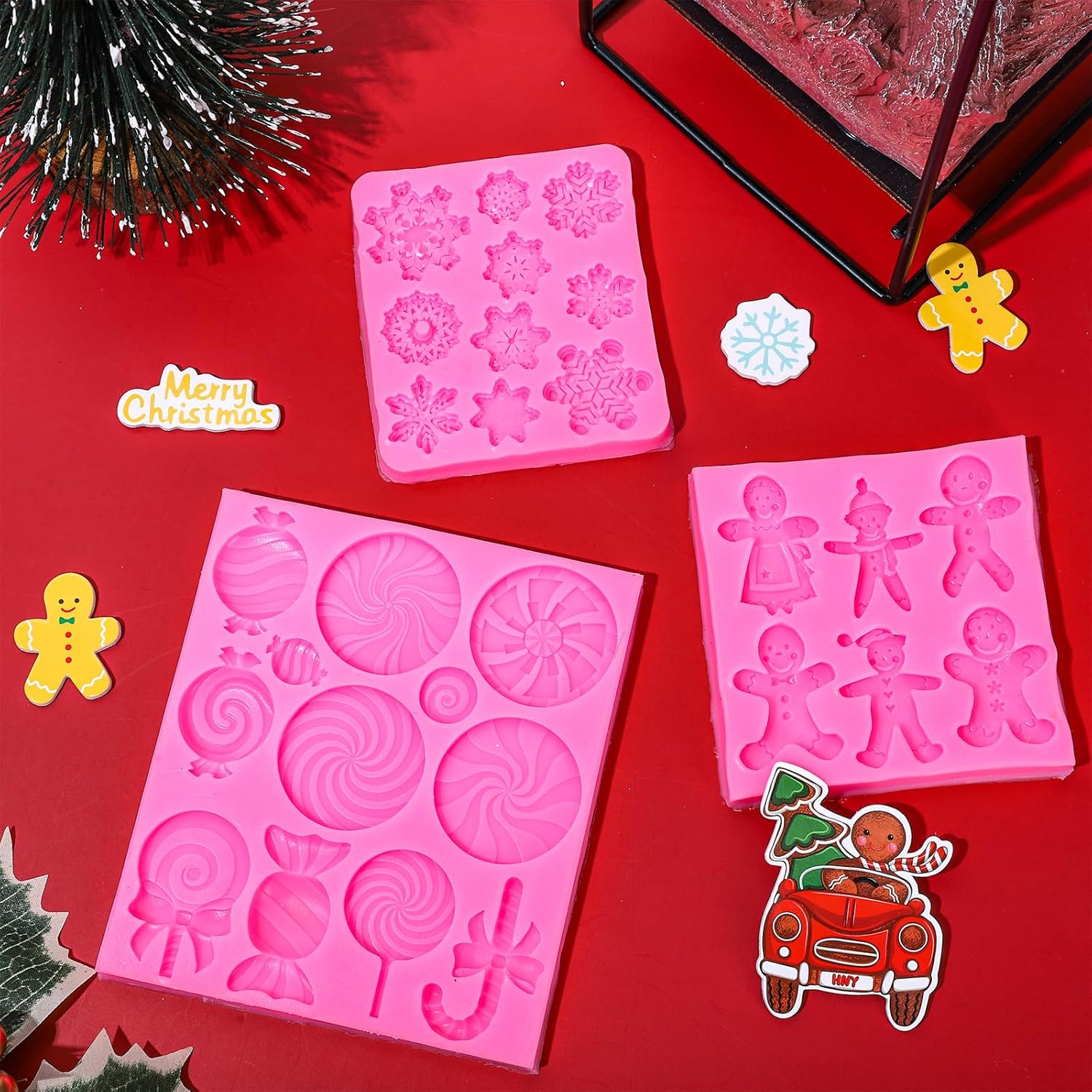Whaline Molde de silicona para caramelo de Navidad, 3 unidades, molde de silicona de copo de nieve de hombre de jengibre rosa, molde de caramelo de