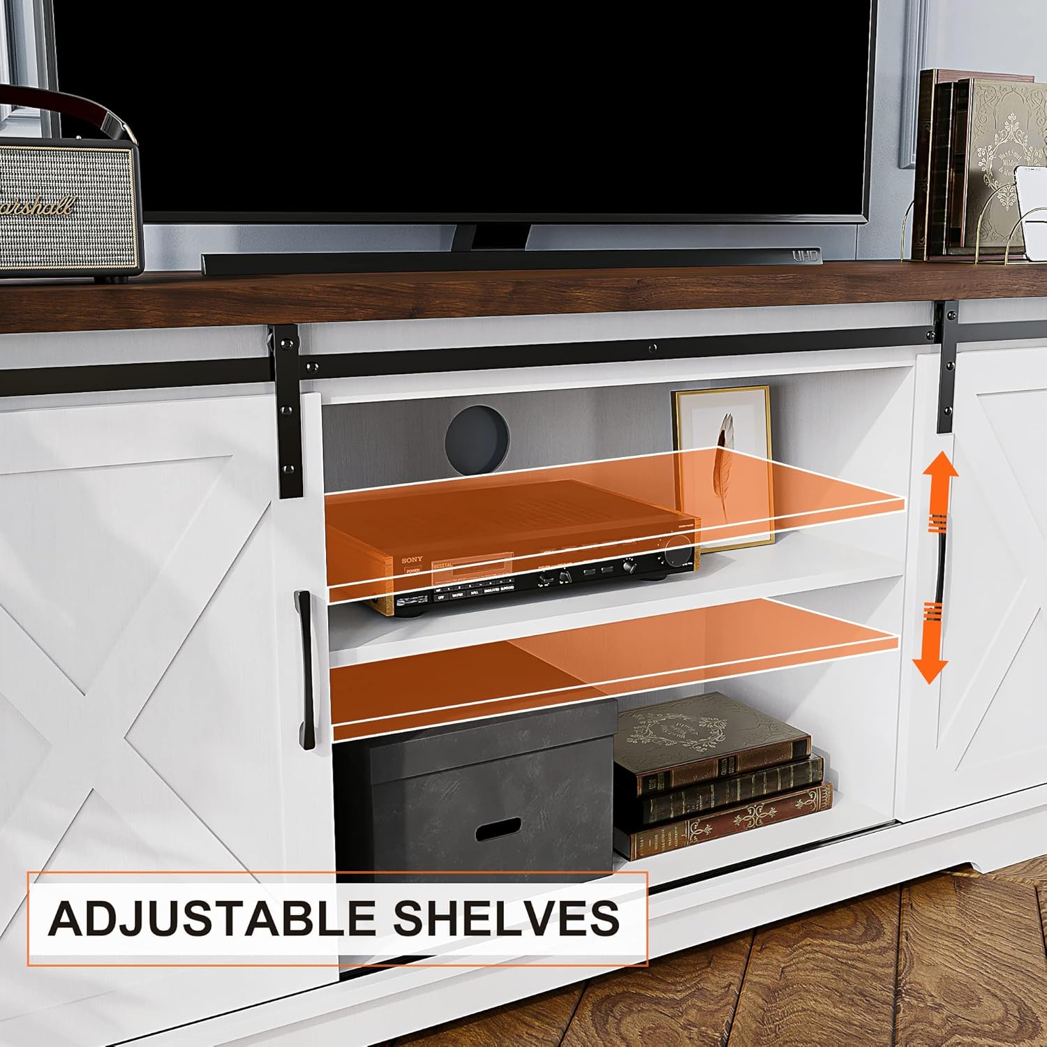 IDEALHOUSE Soporte de TV de granja, centro de entretenimiento para consola multimedia de TV de 65 pulgadas, soporte de TV blanco con puerta de
