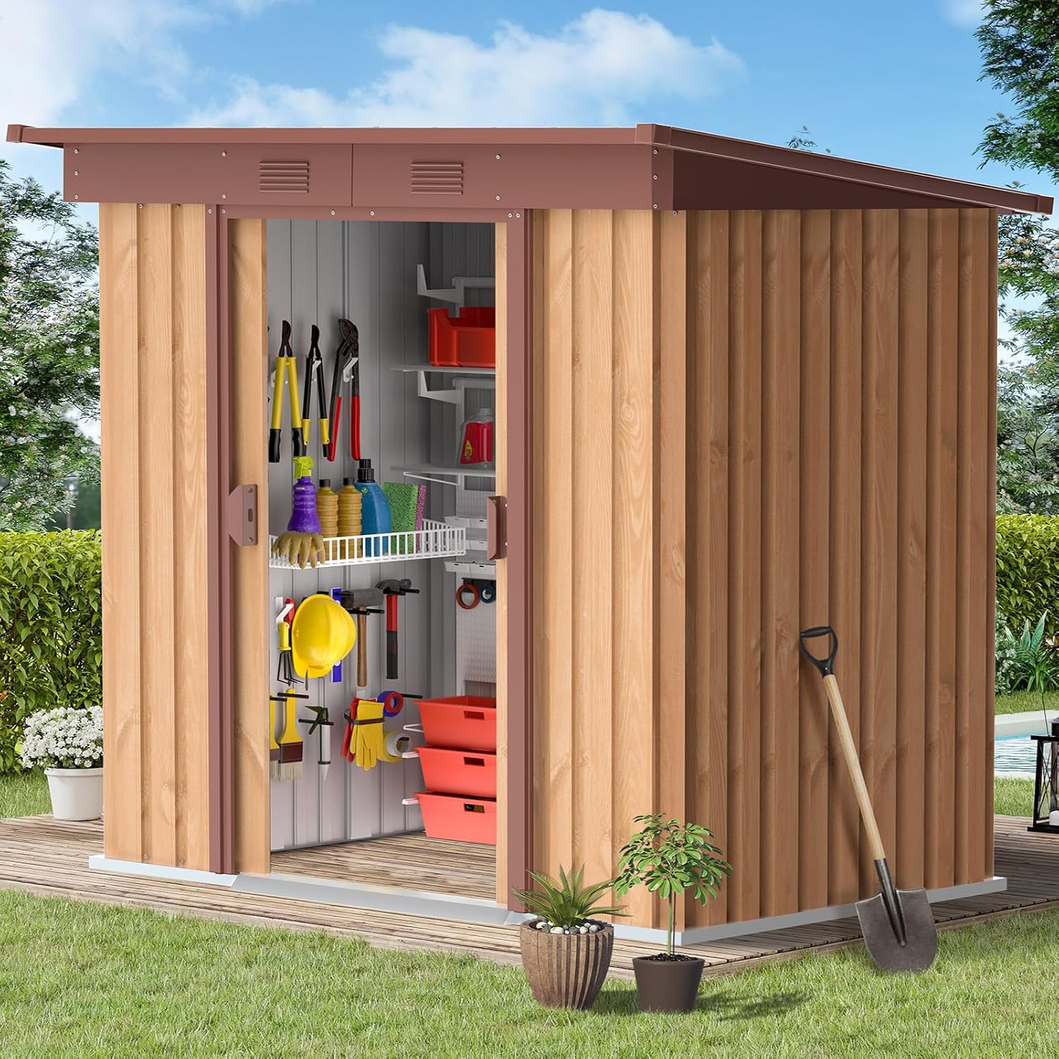 CDCASA Cobertizo de almacenamiento para exteriores de 5.3 x 3.2 pies, cobertizo de almacenamiento de metal con puertas correderas dobles, cobertizo