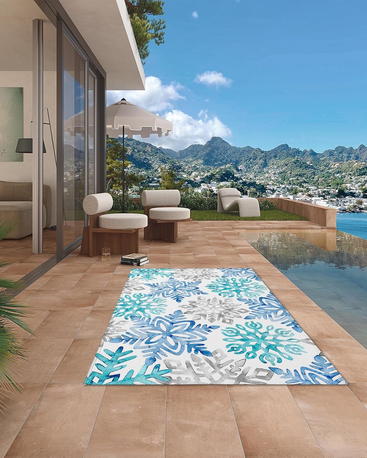 Outdoor Rug Carpet Waterproof 5×8 ft Area Rug, Blue Green Snowflake Winter Large Floor Mat for Patio Balcony Living Room Backyard Picnic Beach RV