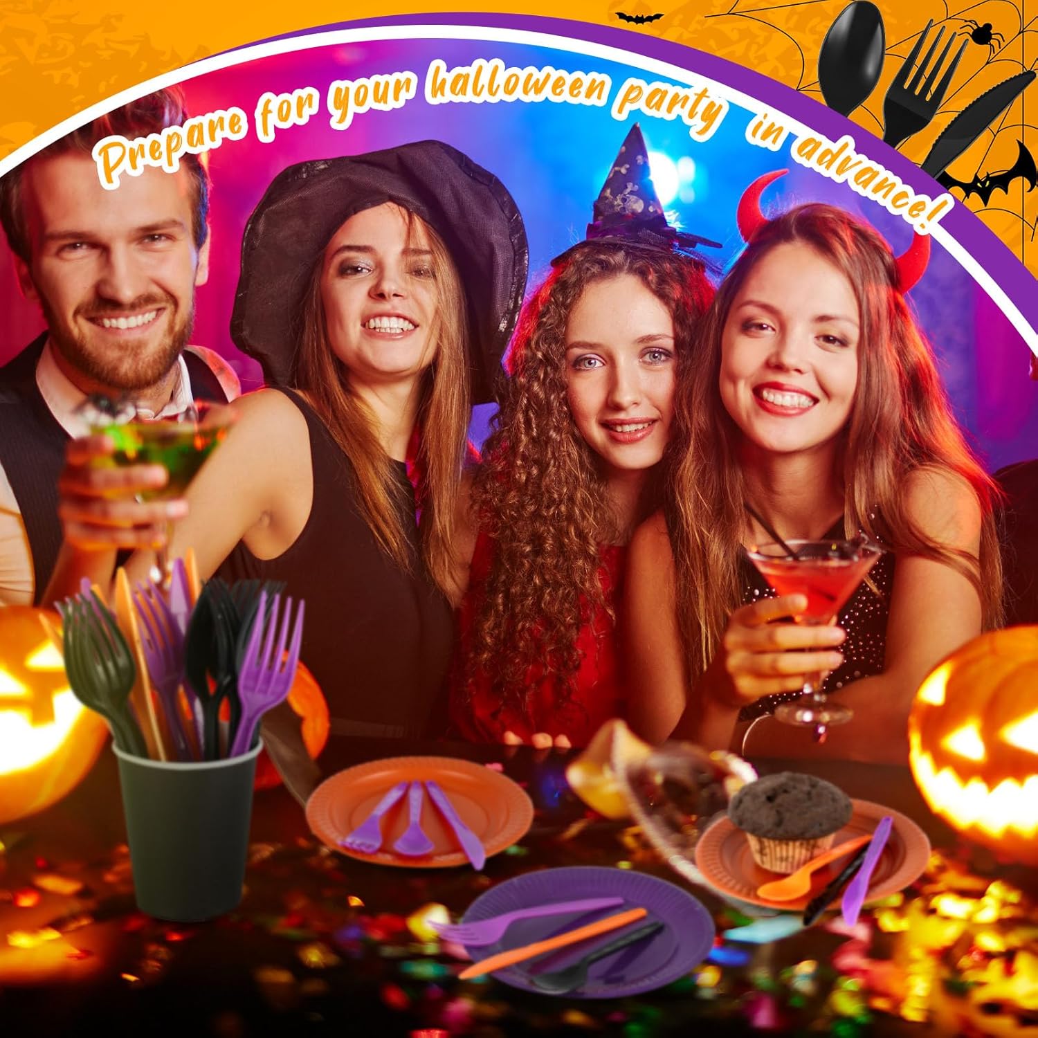Juego de 540 cubiertos de plástico para Halloween, tenedores, cucharas y cuchillos, incluye 180 tenedores, 180 cucharas y 180 cuchillos para fiestas
