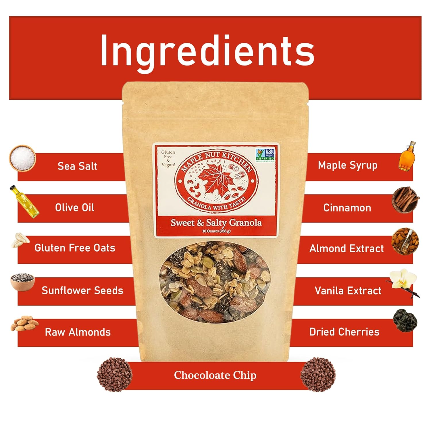 Maple Nut Kitchen Granola dulce y salada – Sin gluten y vegana  Nutty Bliss con almendras de arce, chocolate y cerezas 10 onzas