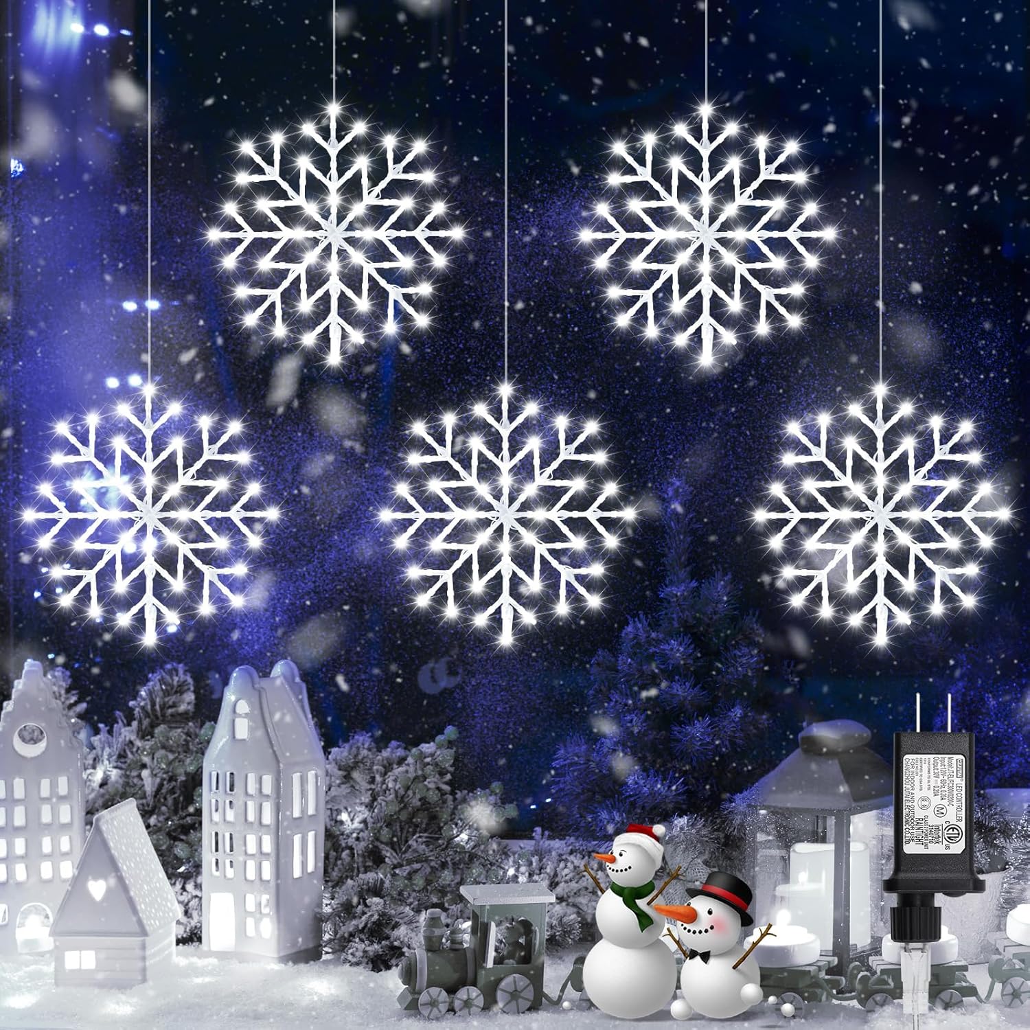 Luces de copo de nieve de Navidad para exteriores, enchufables de 23.6 pies, 10 gotas, 480 luces LED de ventana de copo de nieve, conectables para