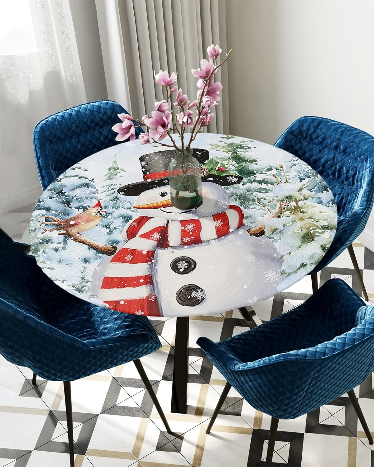 Mantel redondo elástico de Navidad, mantel ajustable de invierno con diseño de muñeco de nieve, copo de nieve, bosque, para mesa redonda, a prueba