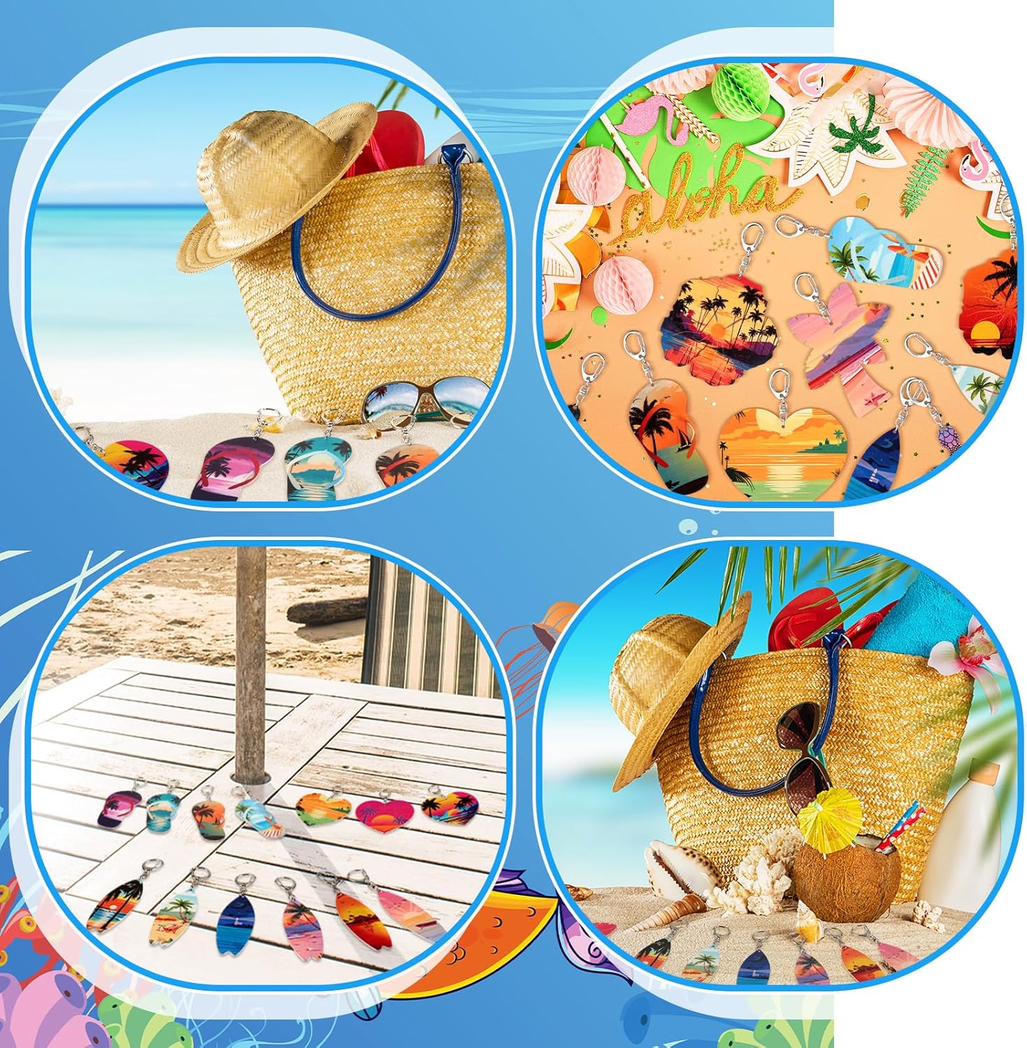 Bucherry Juego de 36 llaveros para regalos de playa, juego de regalo de madera a granel para tabla de surf, tortuga marina, cocotero, llaveros de la