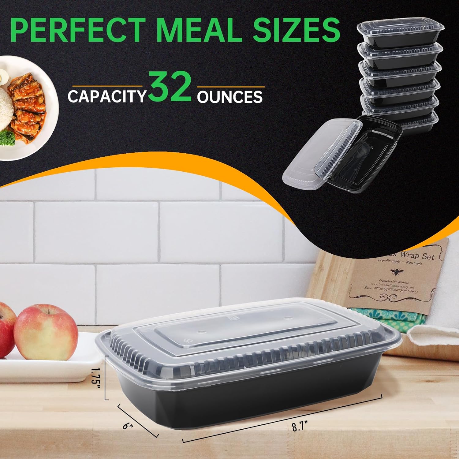 WUHUIXOZ Contenedor de preparación de comidas, paquete de 100 recipientes de almacenamiento de alimentos de 32 onzas con tapas, caja Bento