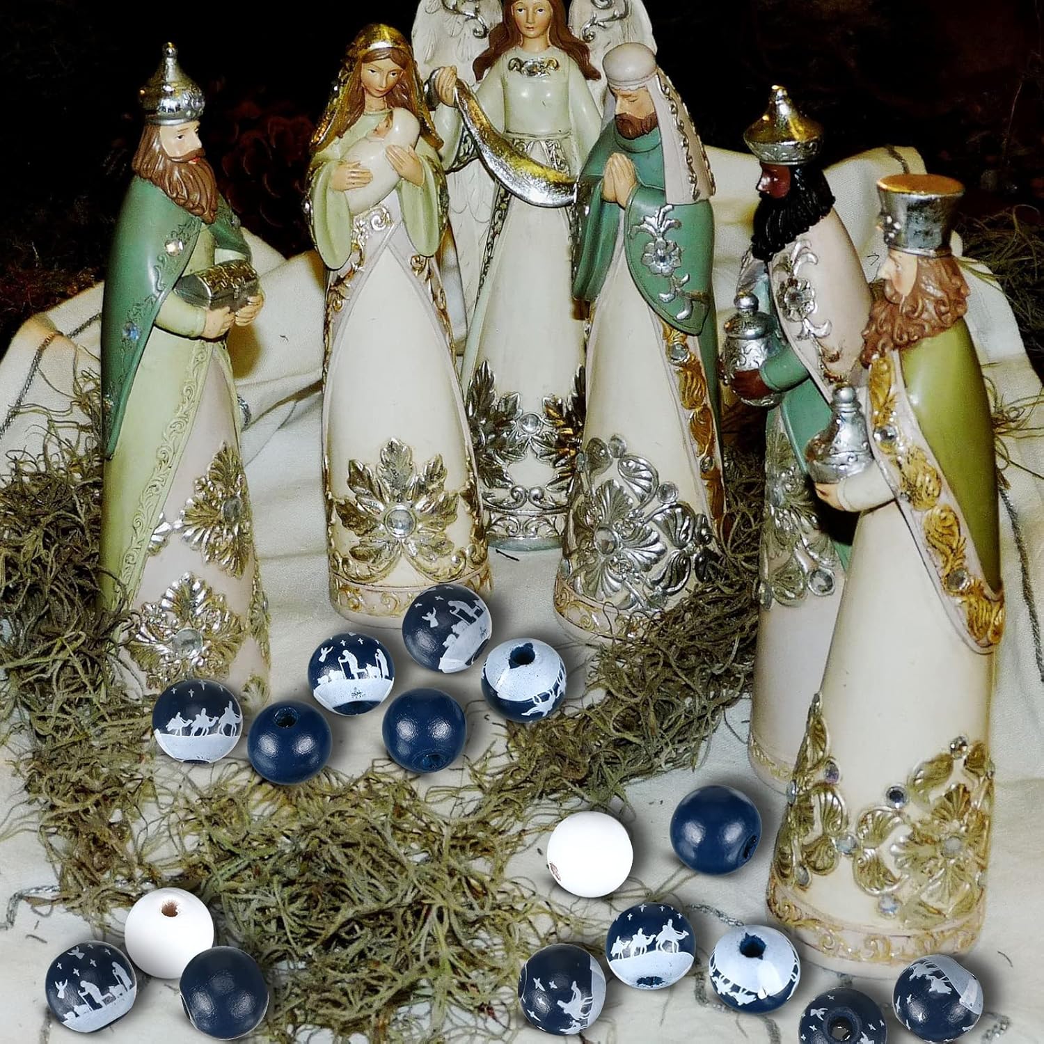 120 cuentas de madera de Navidad con diseño de Jesús, cuentas espaciadoras de madera redondas de Navidad de 0.632 pulgadas (0.630 in), cuentas de