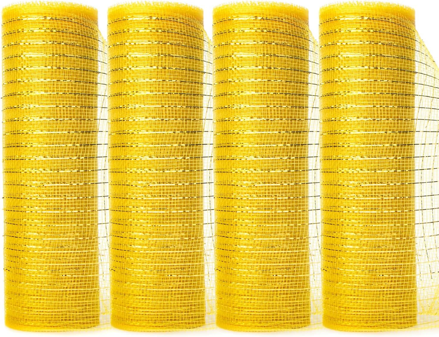 Ribbli 4 rollos de cinta de malla de oro amarillo claro, 10 pulgadas x 30 pies (10 yardas) cada rollo, oro amarillo metálico con lámina dorada, uso