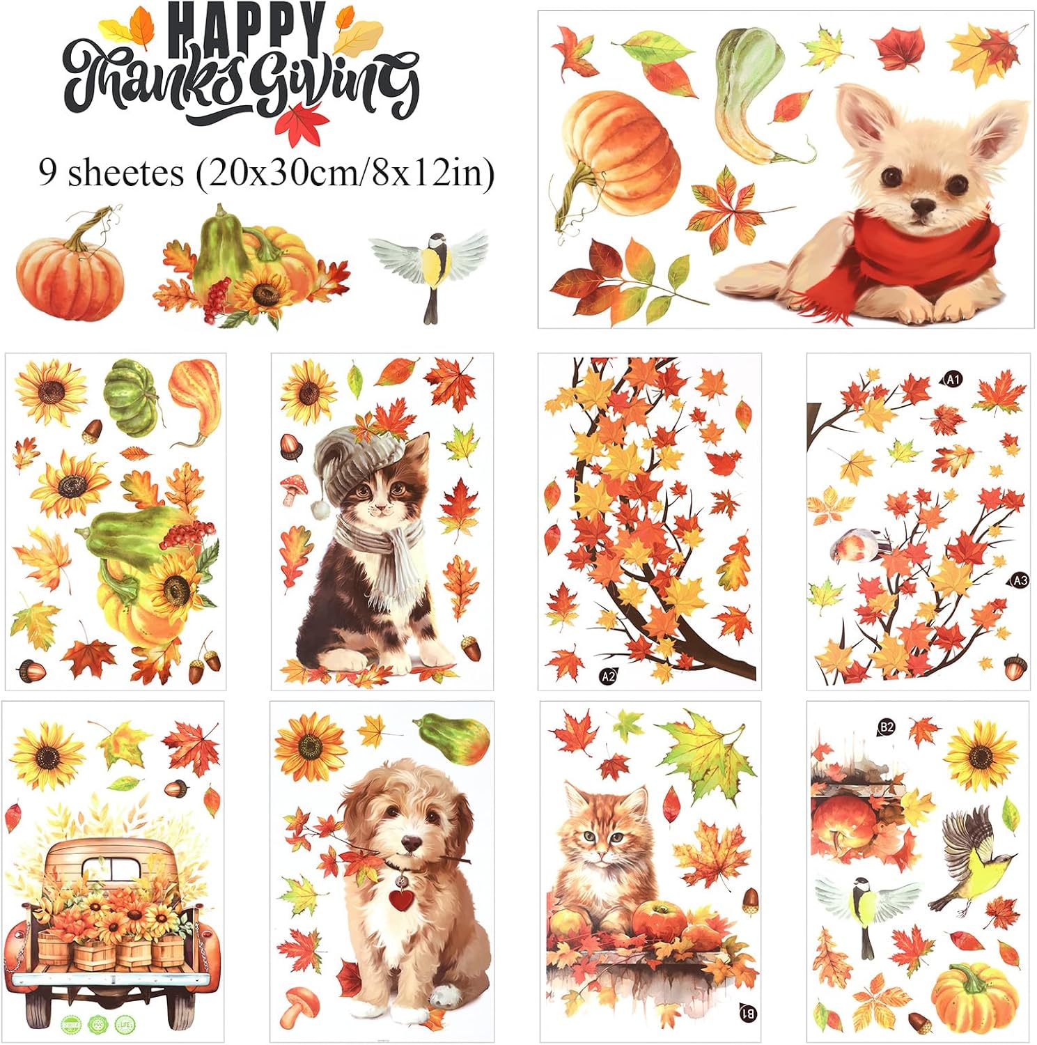 HOWAF 9 hojas de calcomanías para ventana de otoño, cosecha de otoño, perros, gatos, hojas de arce, calabaza, calcomanías de ventana para decoración