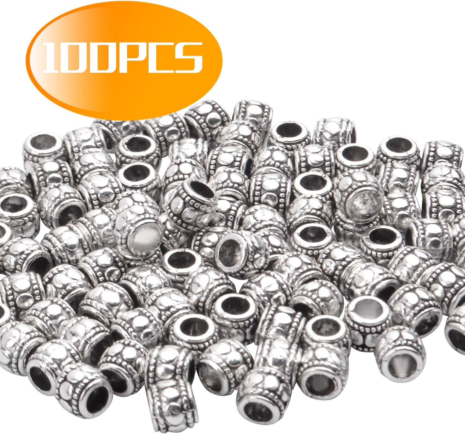 BronaGrand 100 cuentas espaciadoras de plata tibetana, cuentas de agujero grande, cuentas de tubo hueco para bricolaje, collares, pulseras
