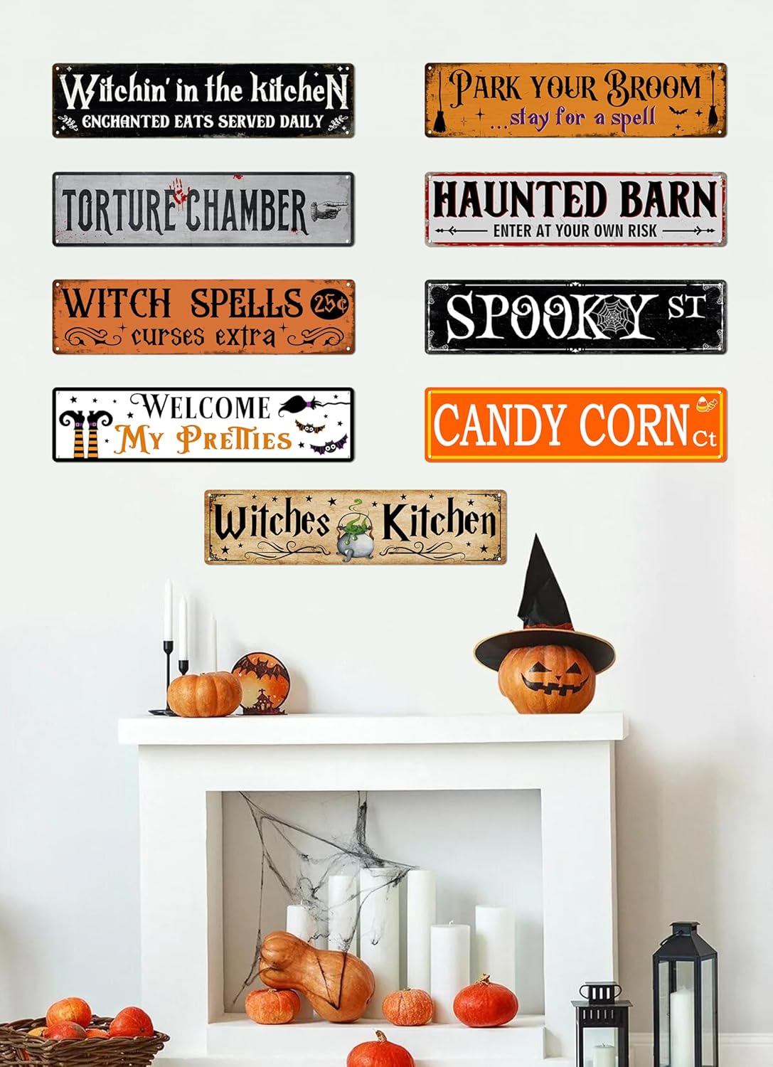 Letrero de metal con texto en inglés Park Your Broom con texto en inglés Stay for a Spell (Stay for a Spell) para cocina, hogar, Halloween, pared,