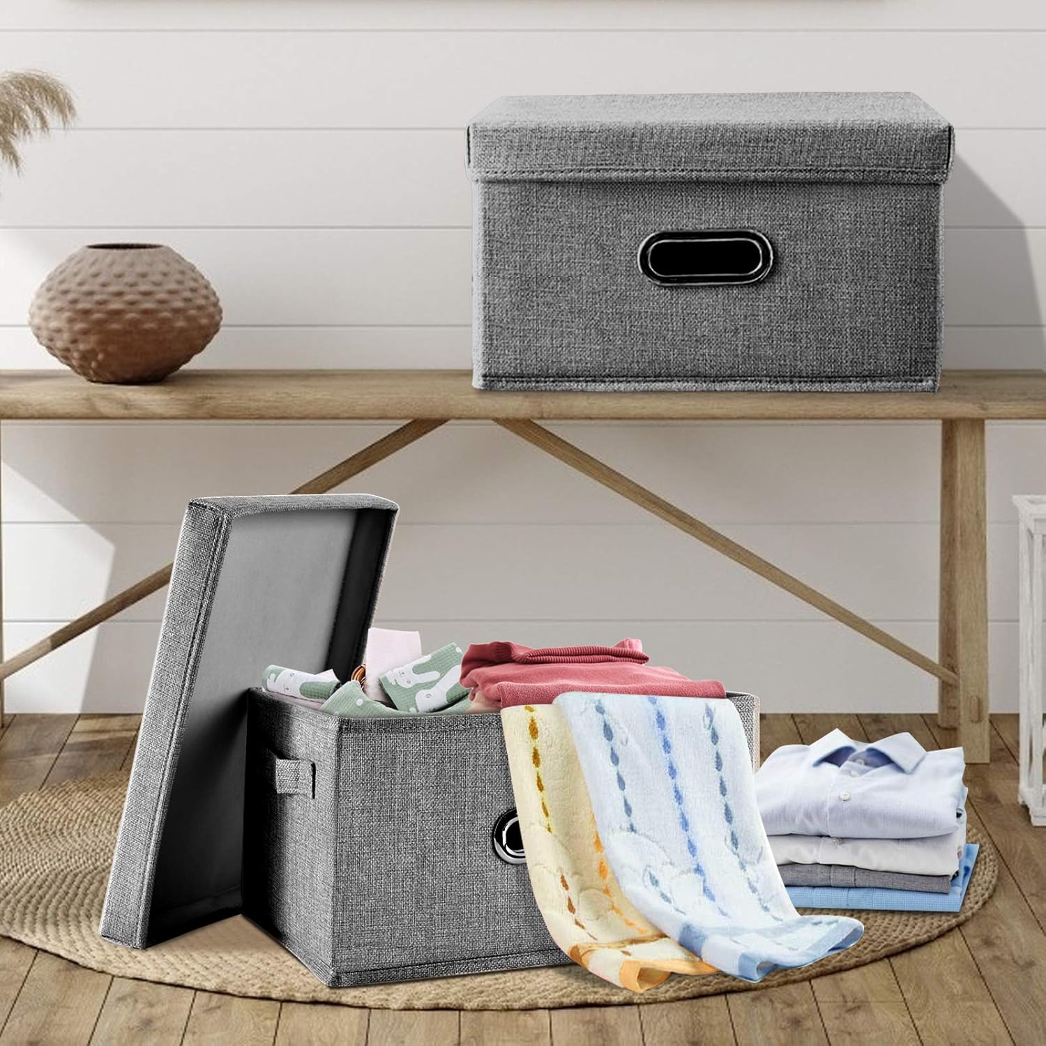Contenedores de almacenamiento de tela de lino con tapa 1 unidad Caja de almacenamiento plegable con tapa, contenedores de almacenamiento para