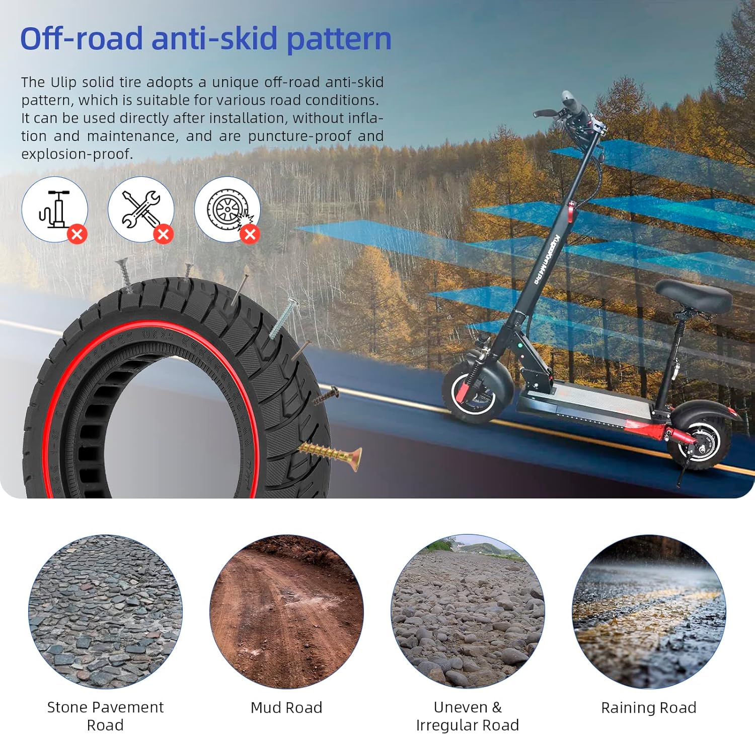 ulip Neumático sólido para scooter de 10 pulgadas, 10 x 2.5 pulgadas, ruedas de scooter eléctrico, neumático de repuesto delantero o trasero,