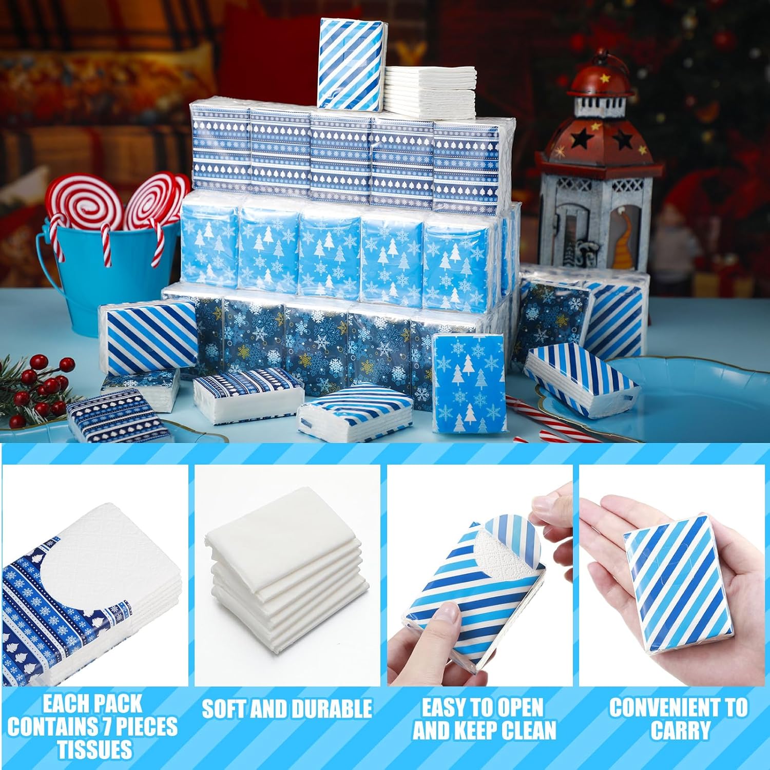 Paquete de 120 pañuelos de viaje de Navidad a granel, pañuelos de bolsillo de copo de nieve azul, paquetes de pañuelos faciales de 3 capas, paquetes