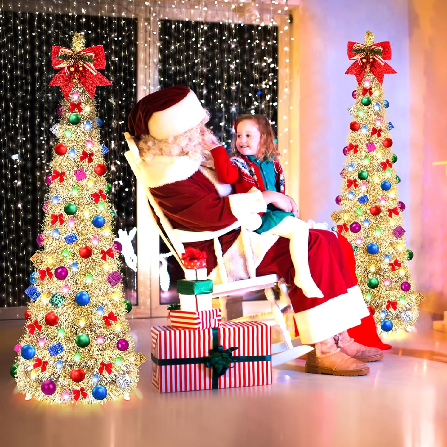 Árbol de Navidad desplegable, árbol de Navidad plegable de 5 pies con 30 luces LED multicolor, árbol de Navidad con bola de lazo, caja de regalo