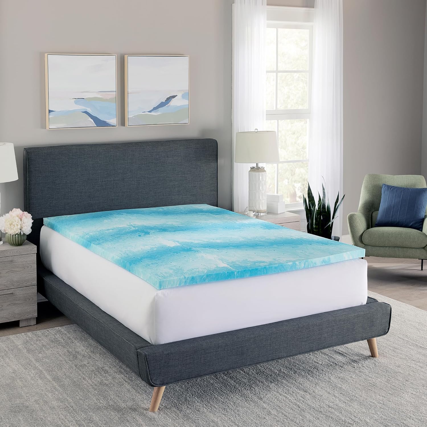 Cubrecolchón de espuma viscoelástica, espuma viscoelástica de remolino de gel, diseño ventilado, espuma certificada CertiPUR-US, azulblanco
