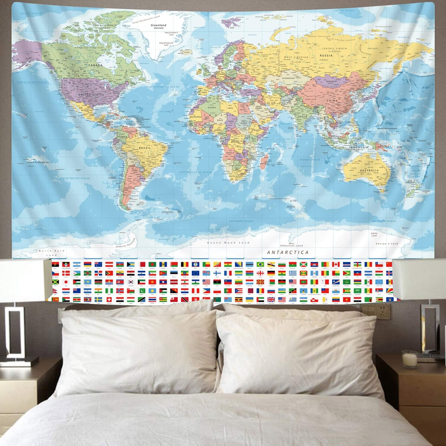 KYKU Tapiz pequeño de mapa del mundo, tapiz con mapa del mundo, banderas, decoración de viaje, aula, decoración de la tierra, fiesta (51.2 x 59.1